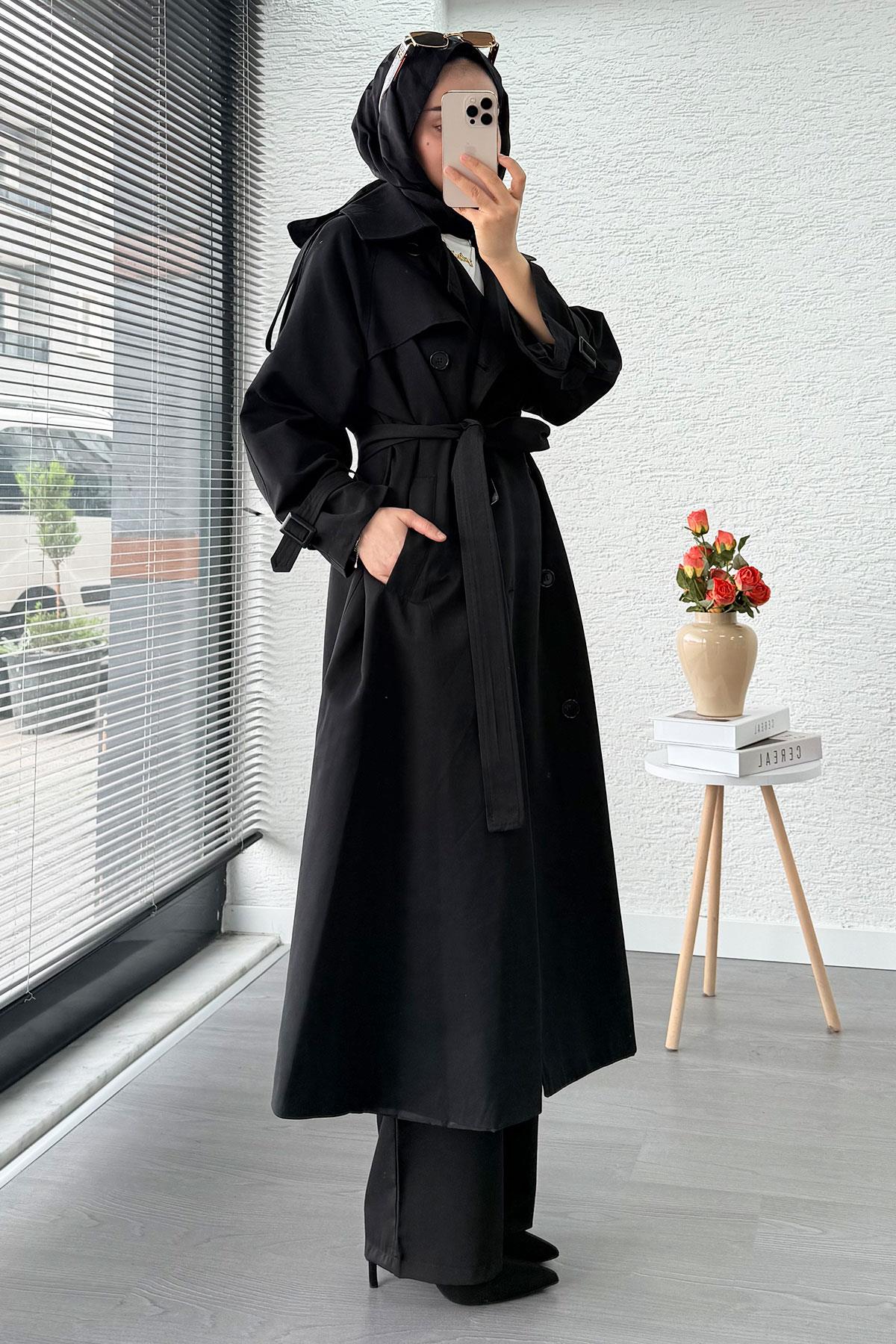 Premium Sekiz Düğmeli Oversize Kadın Trençkot - Siyah