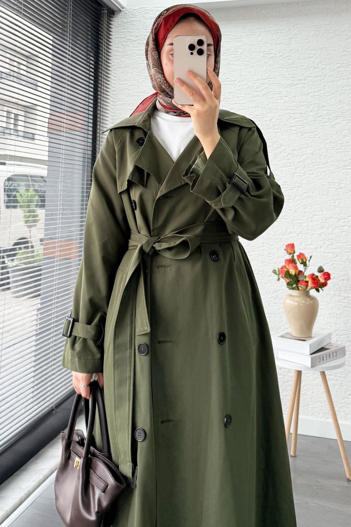 Premium Sekiz Düğmeli Oversize Kadın Trençkot - Haki
