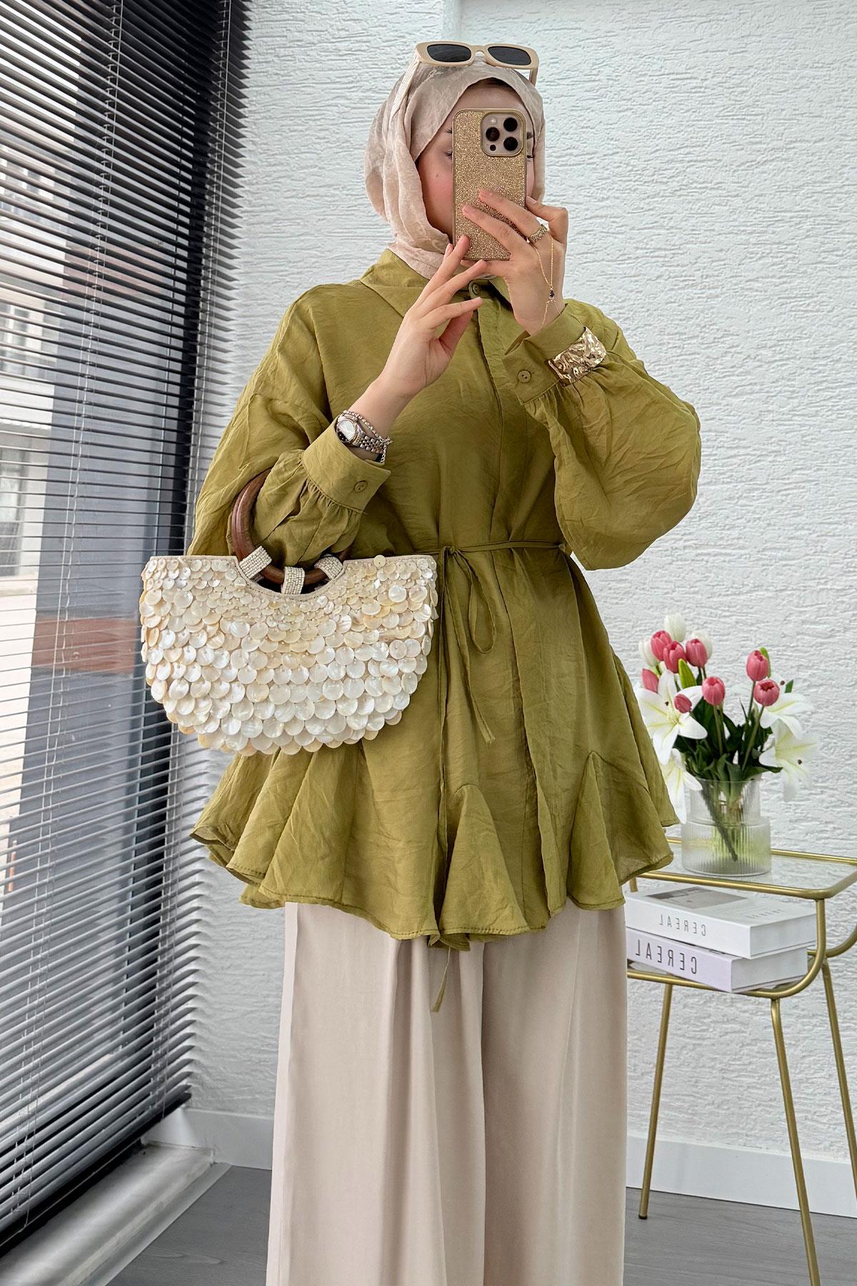 Premium Tasarım Etek Volanlı Vual Tunik - Yağ Yeşili