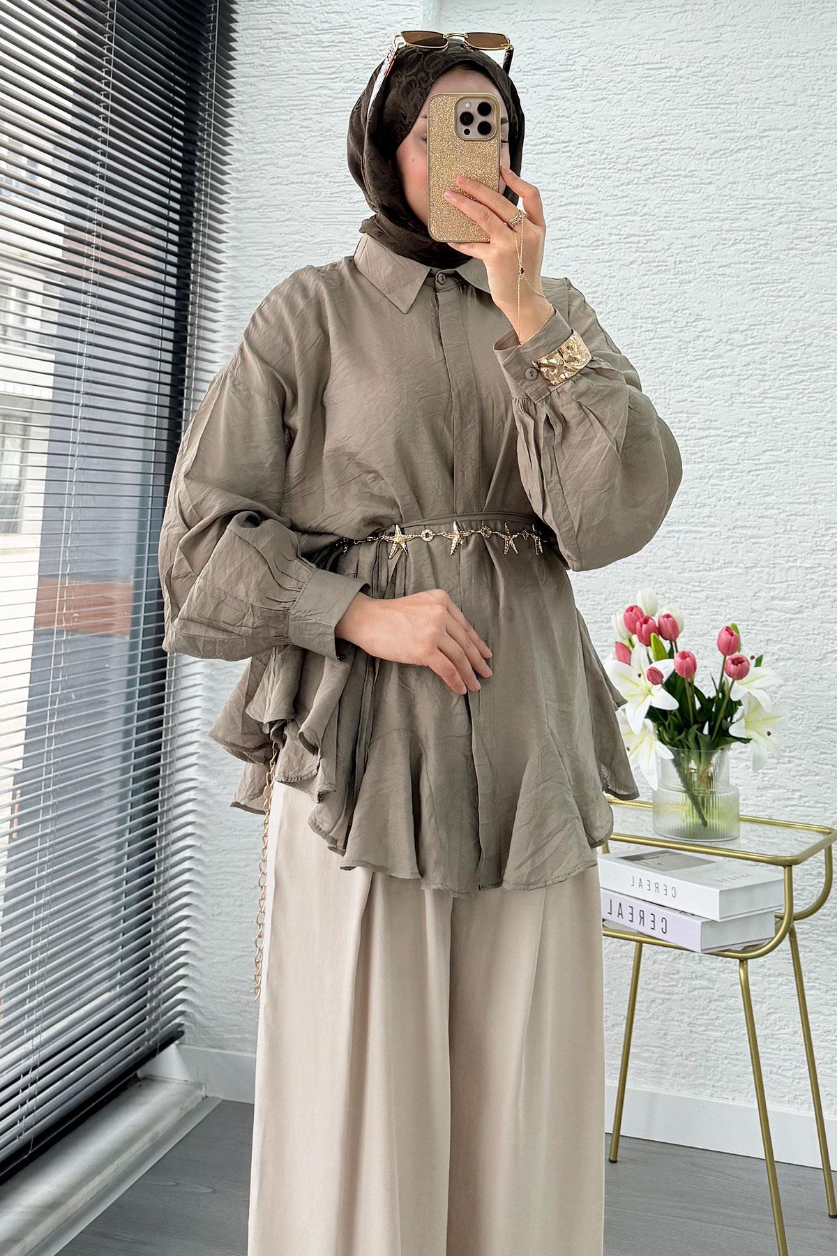 Premium Tasarım Etek Volanlı Vual Tunik - Haki