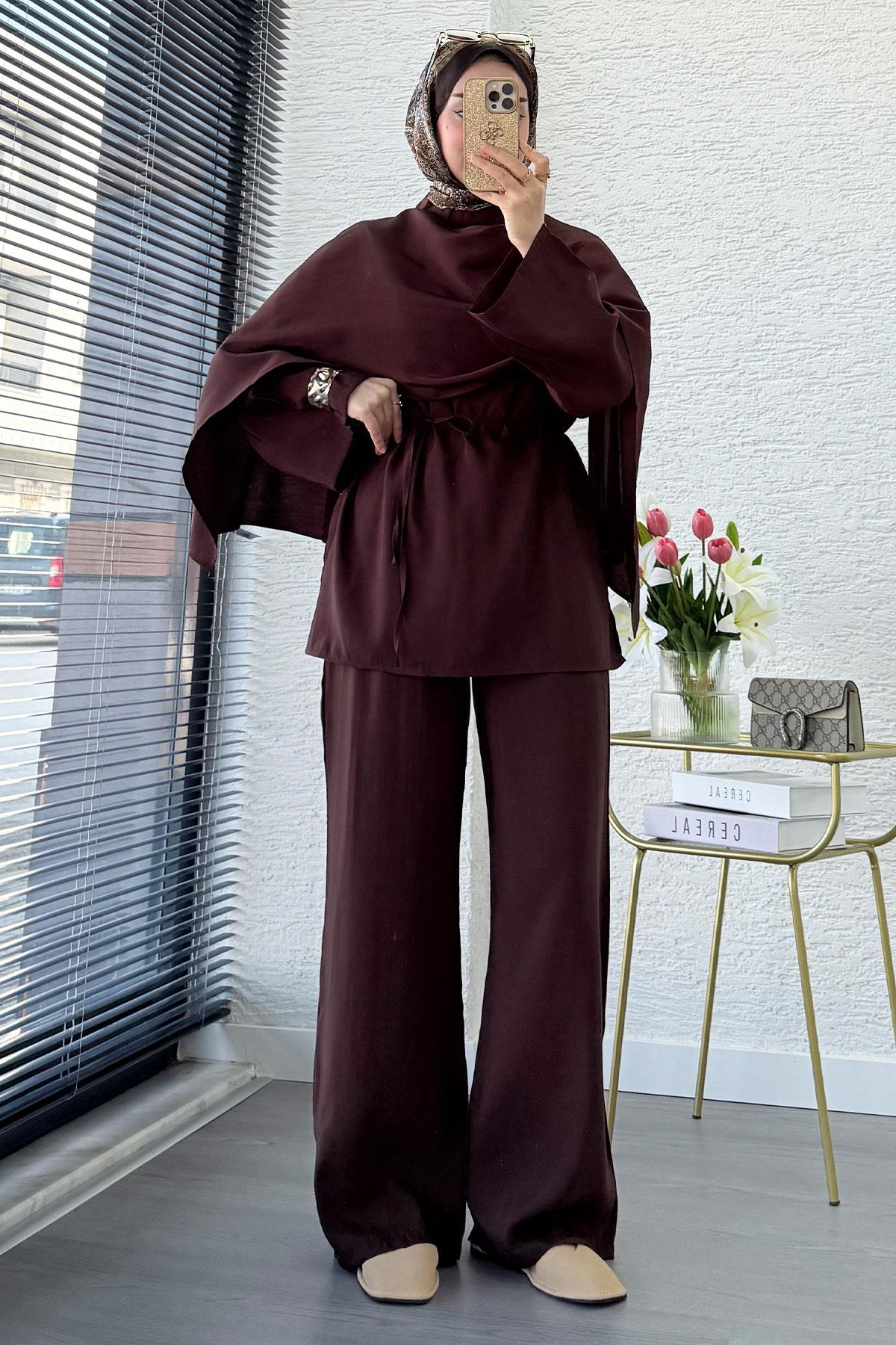 Premium Tasarım Model Atkı Detaylı Kadın İkili Takım – Kahverengi