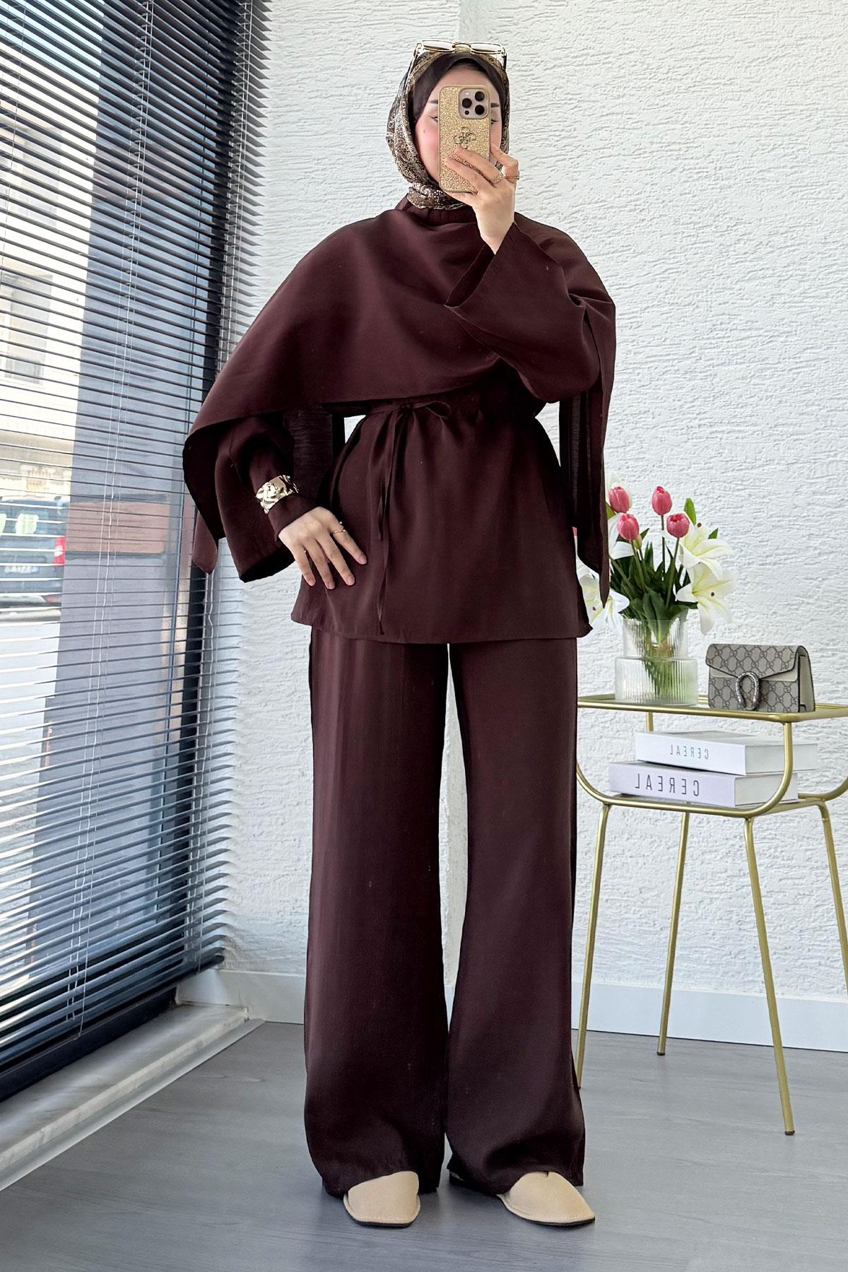 Premium Tasarım Model Atkı Detaylı Kadın İkili Takım – Kahverengi