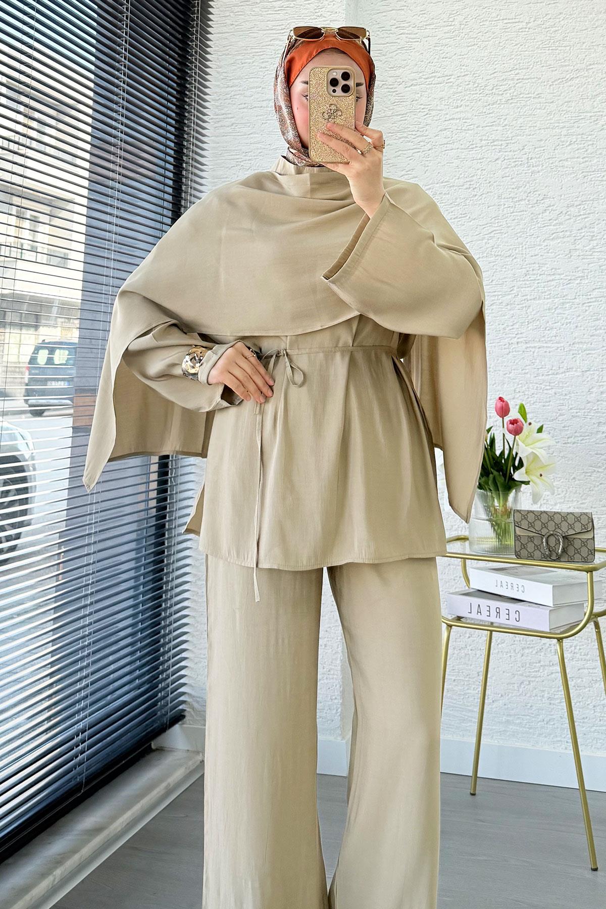 Premium Tasarım Model Atkı Detaylı Kadın İkili Takım – Haki