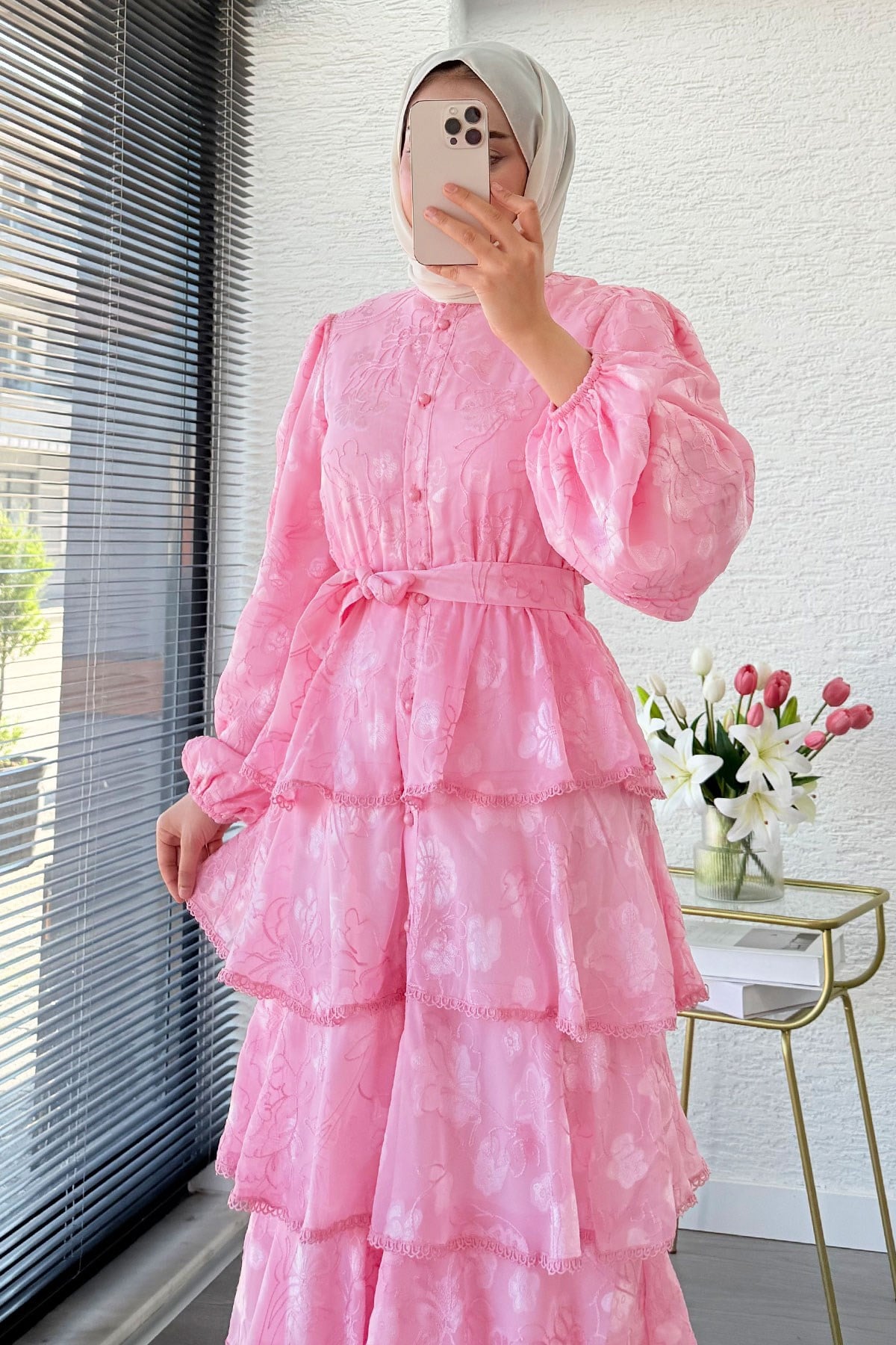 Premium Tasarım Volan Katlı Güpür  İthal Tül Elbise – Pembe