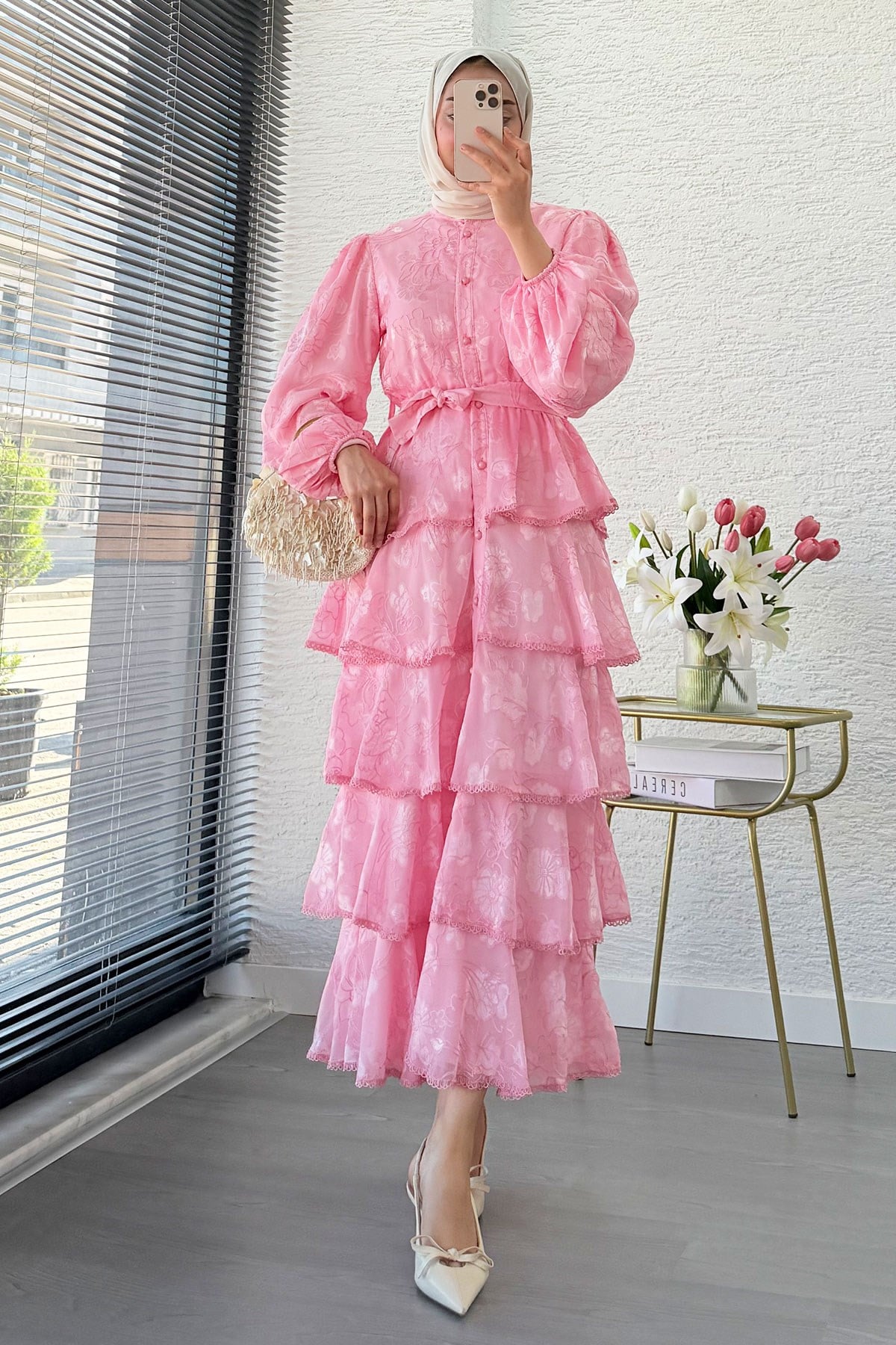 Premium Tasarım Volan Katlı Güpür  İthal Tül Elbise – Pembe
