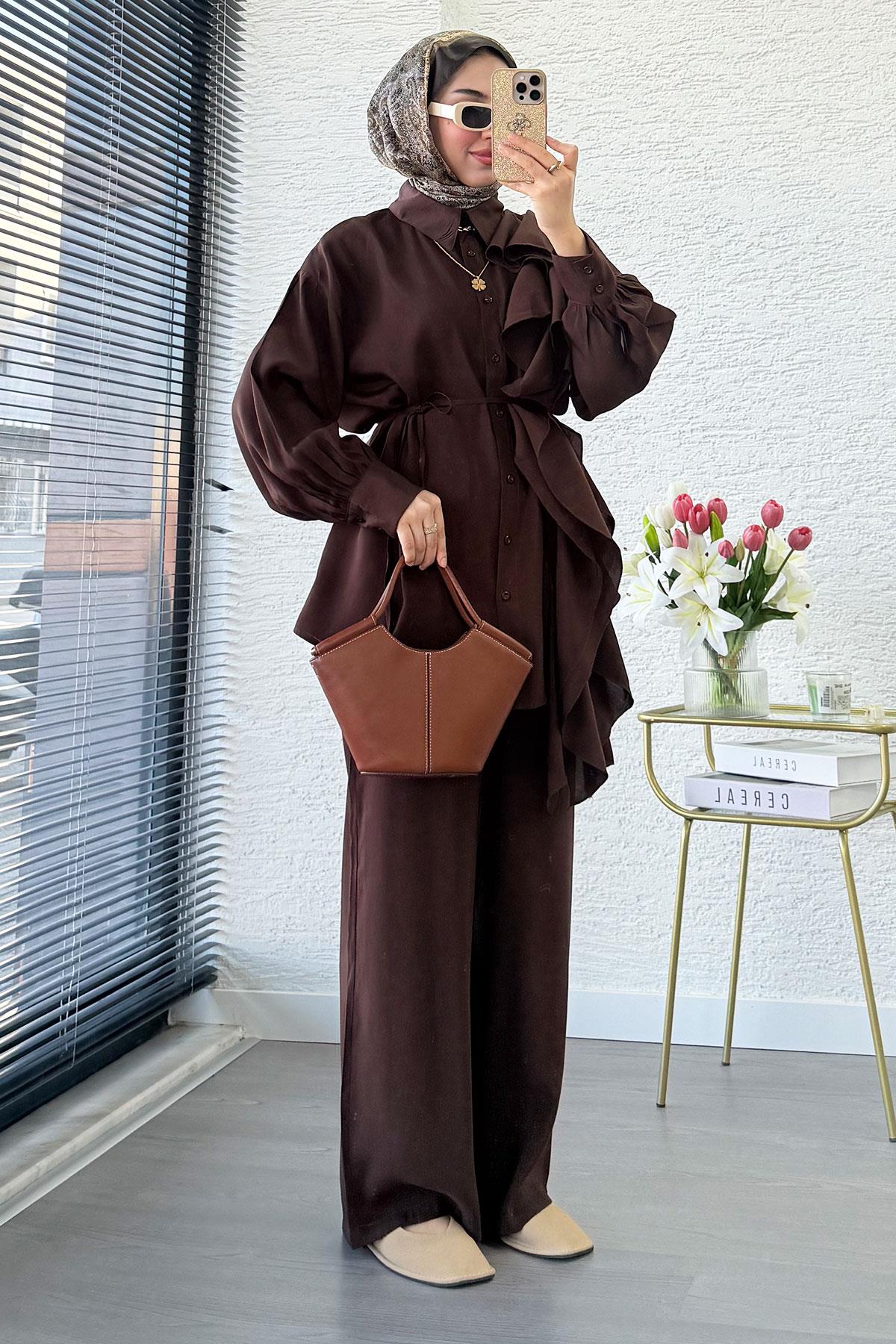 Premium Tasarım Yandan Volanlı İkili Takım - Kahverengi