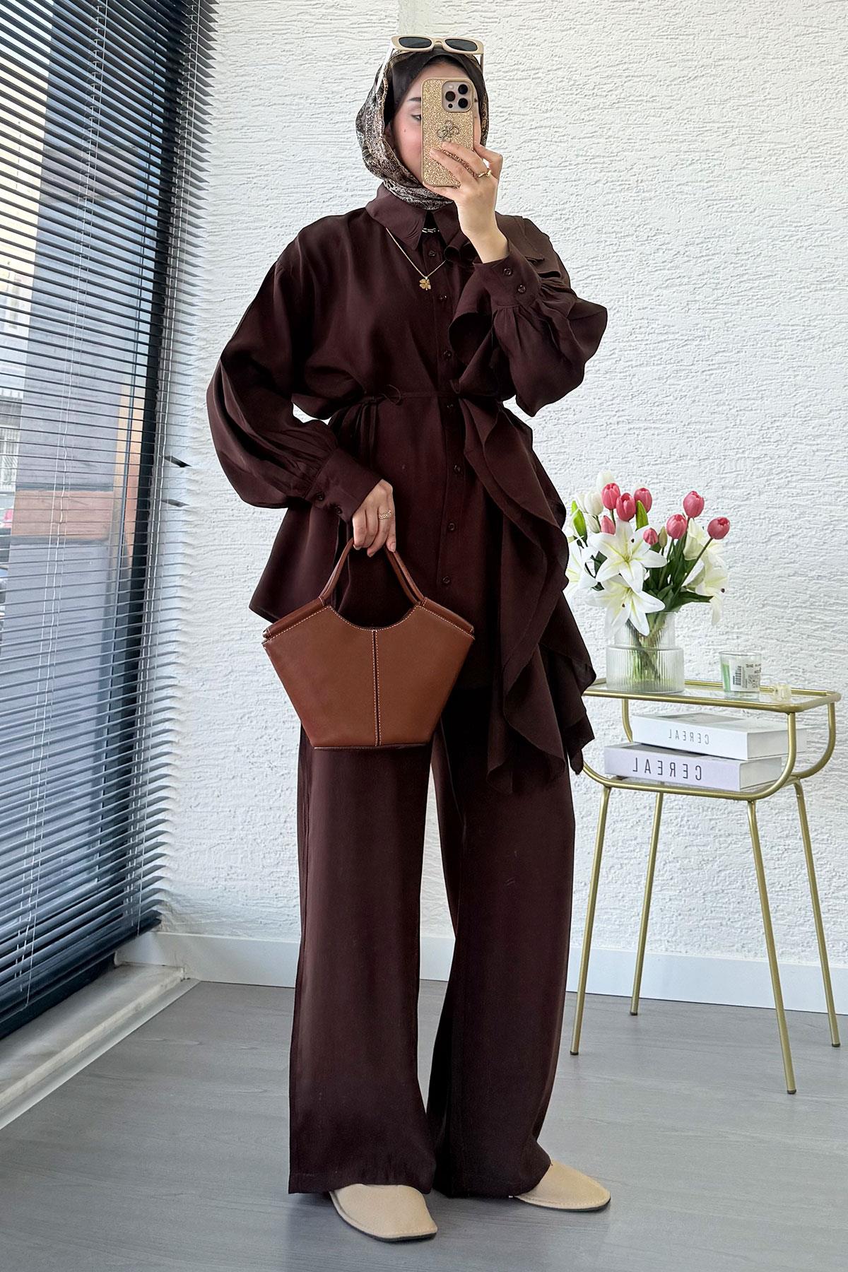 Premium Tasarım Yandan Volanlı İkili Takım - Kahverengi