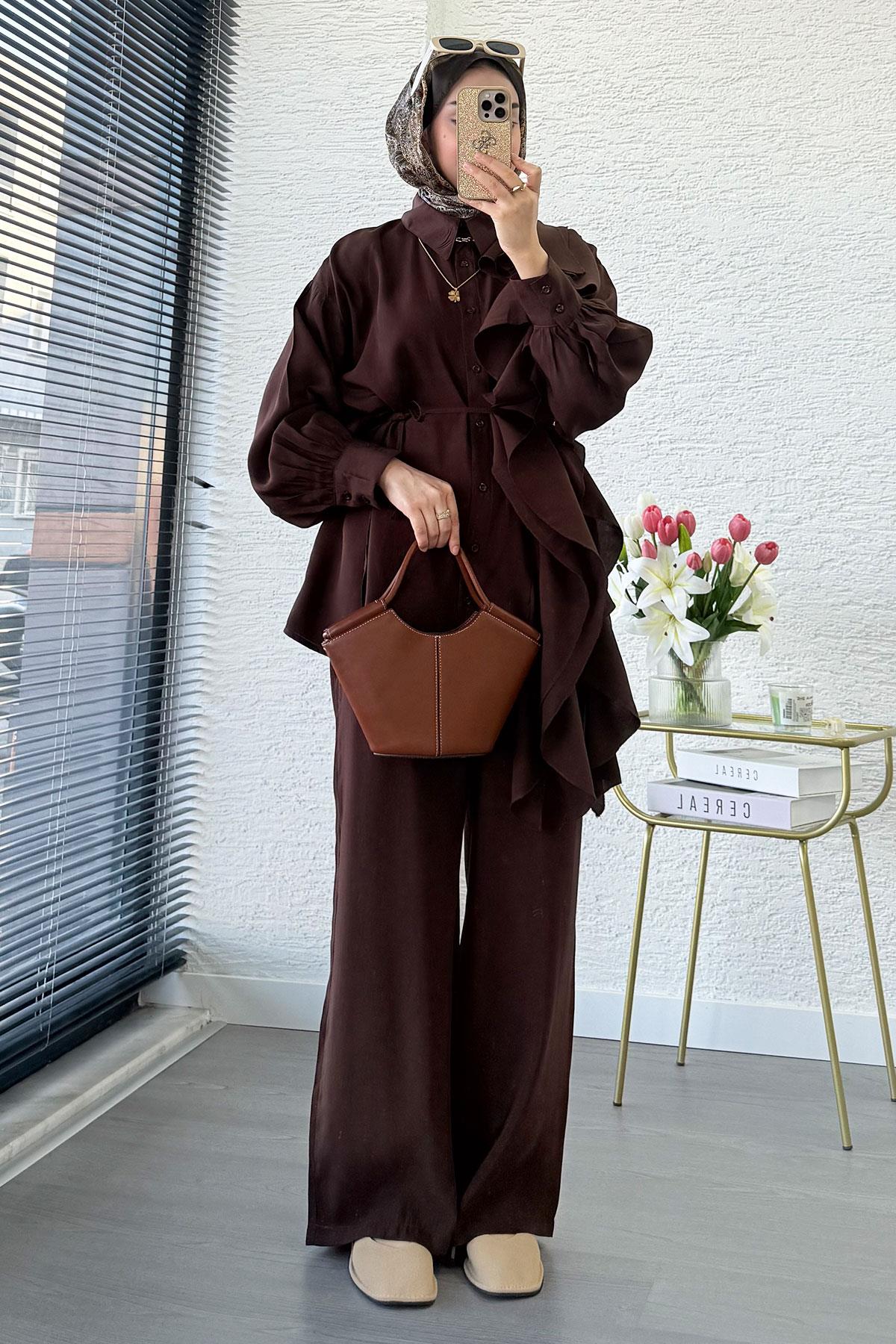 Premium Tasarım Yandan Volanlı İkili Takım - Kahverengi