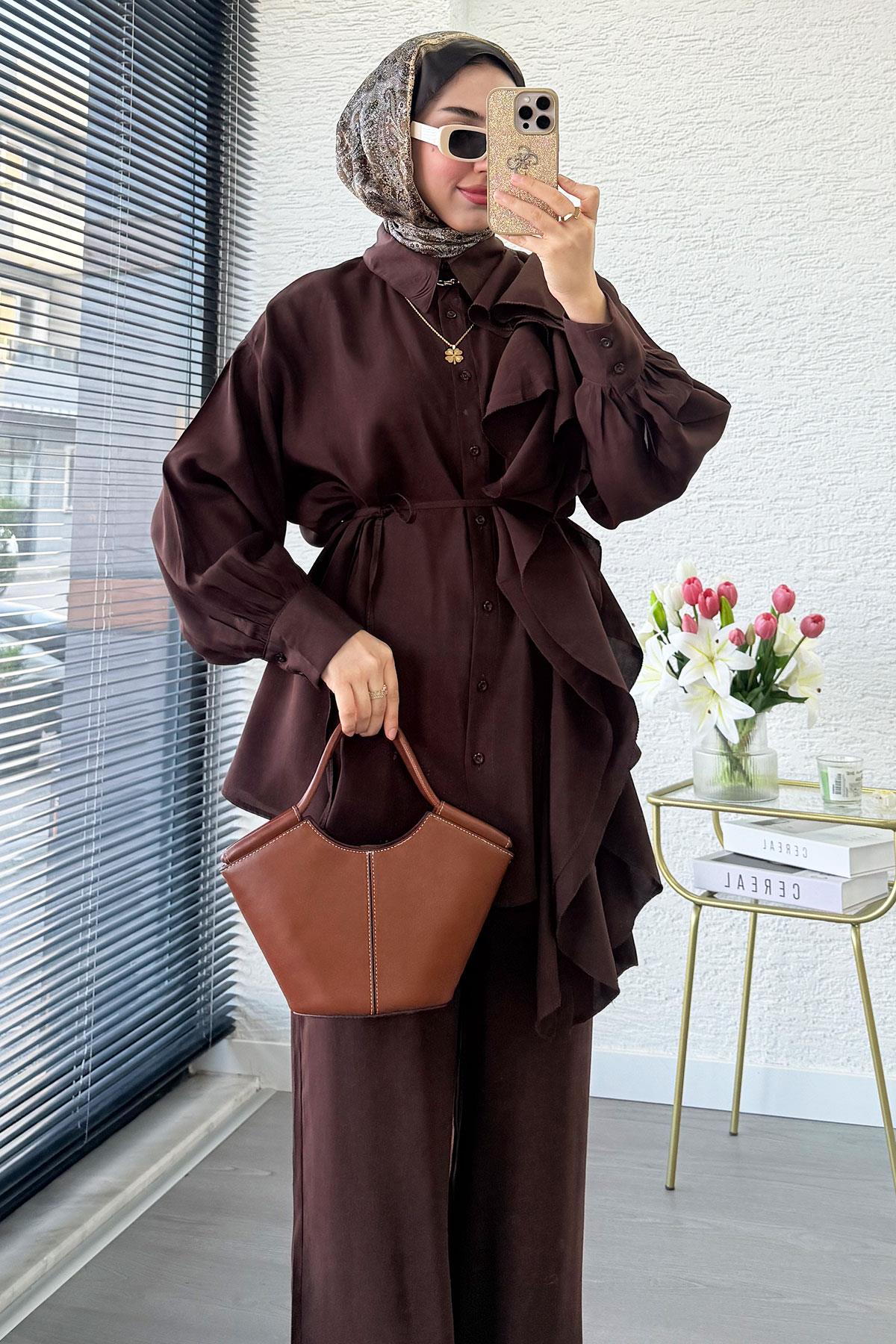 Premium Tasarım Yandan Volanlı İkili Takım - Kahverengi