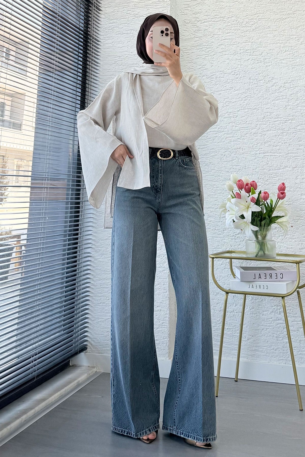 Premium Taşlanmış Palazzo Jean Pantolon - Gri