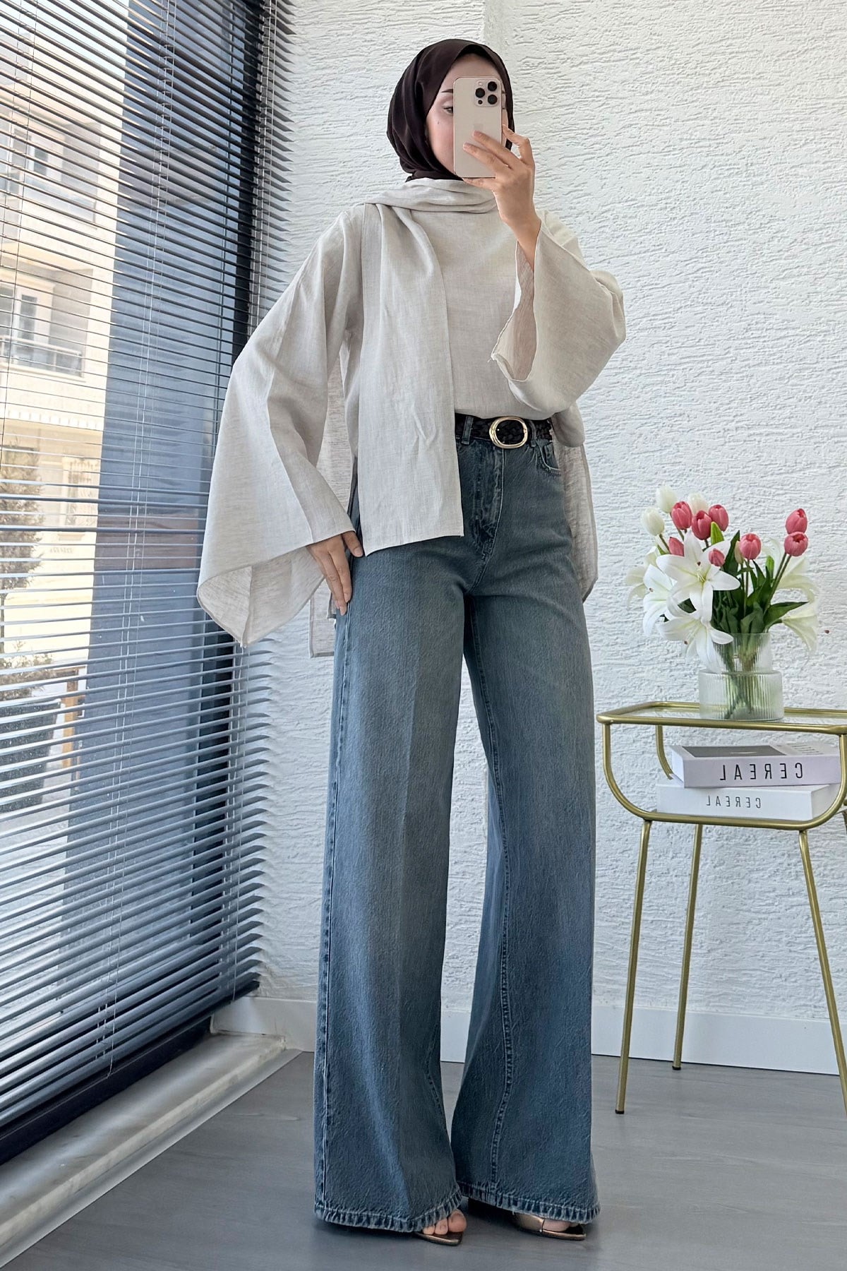 Premium Taşlanmış Palazzo Jean Pantolon - Gri