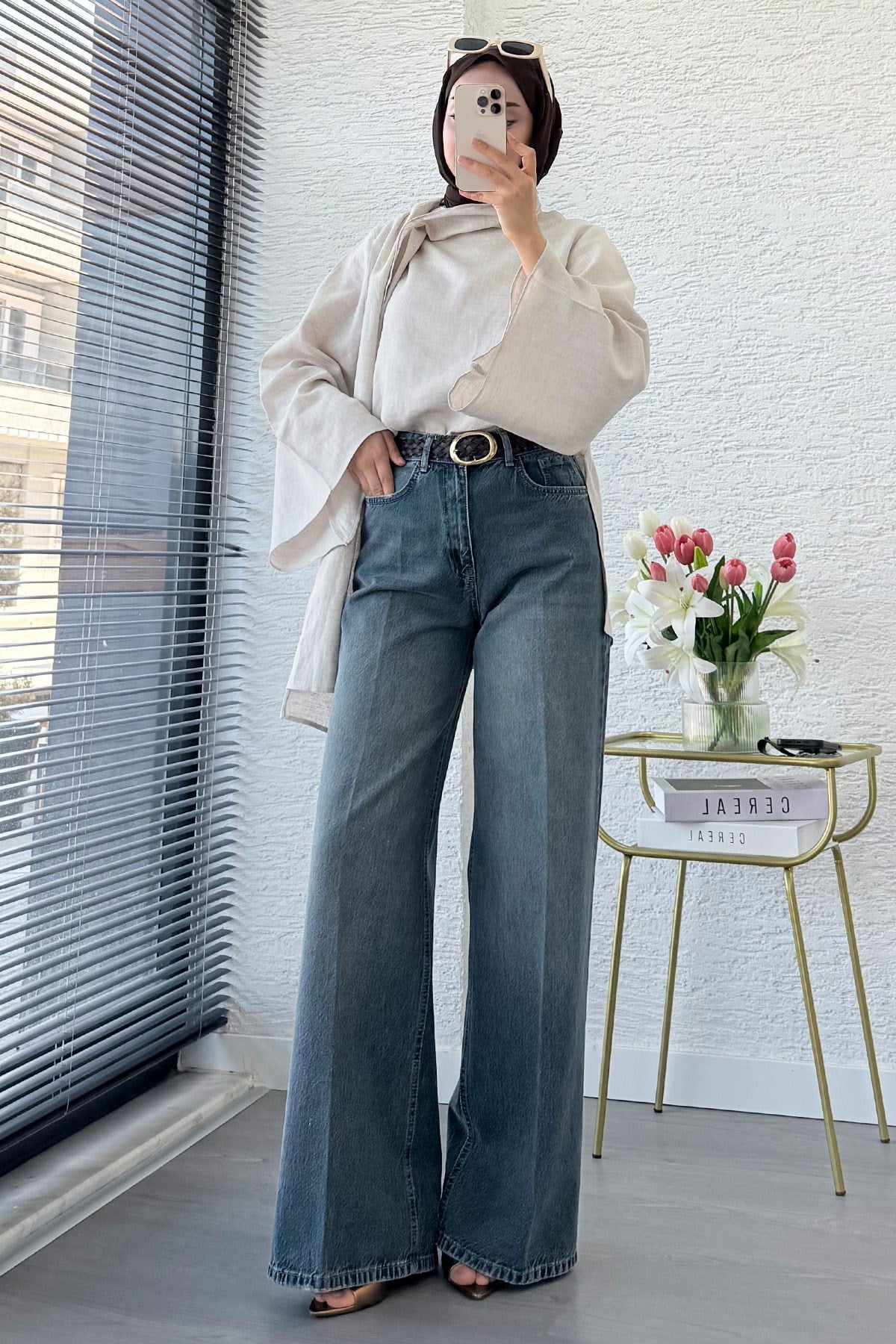 Premium Taşlanmış Palazzo Jean Pantolon - Yeşil