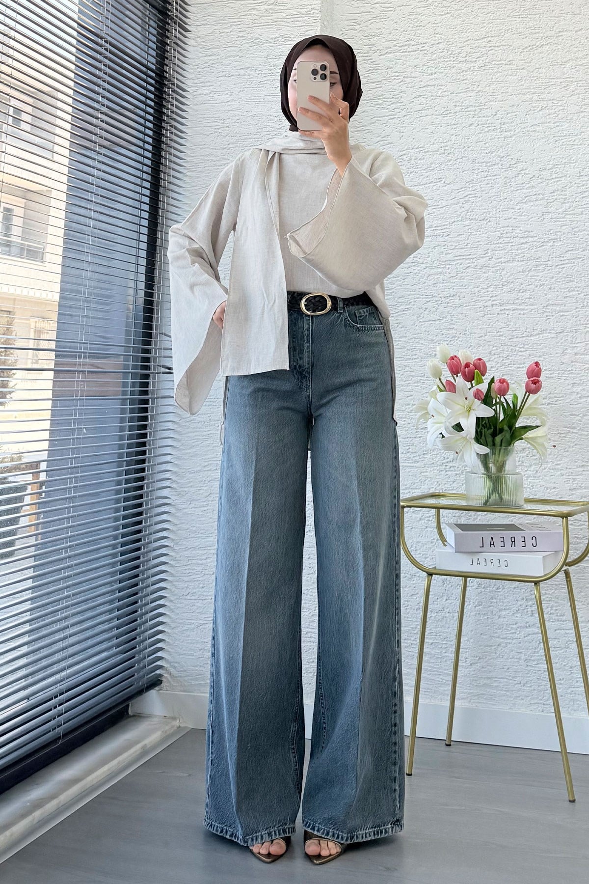 Premium Taşlanmış Palazzo Jean Pantolon - Gri