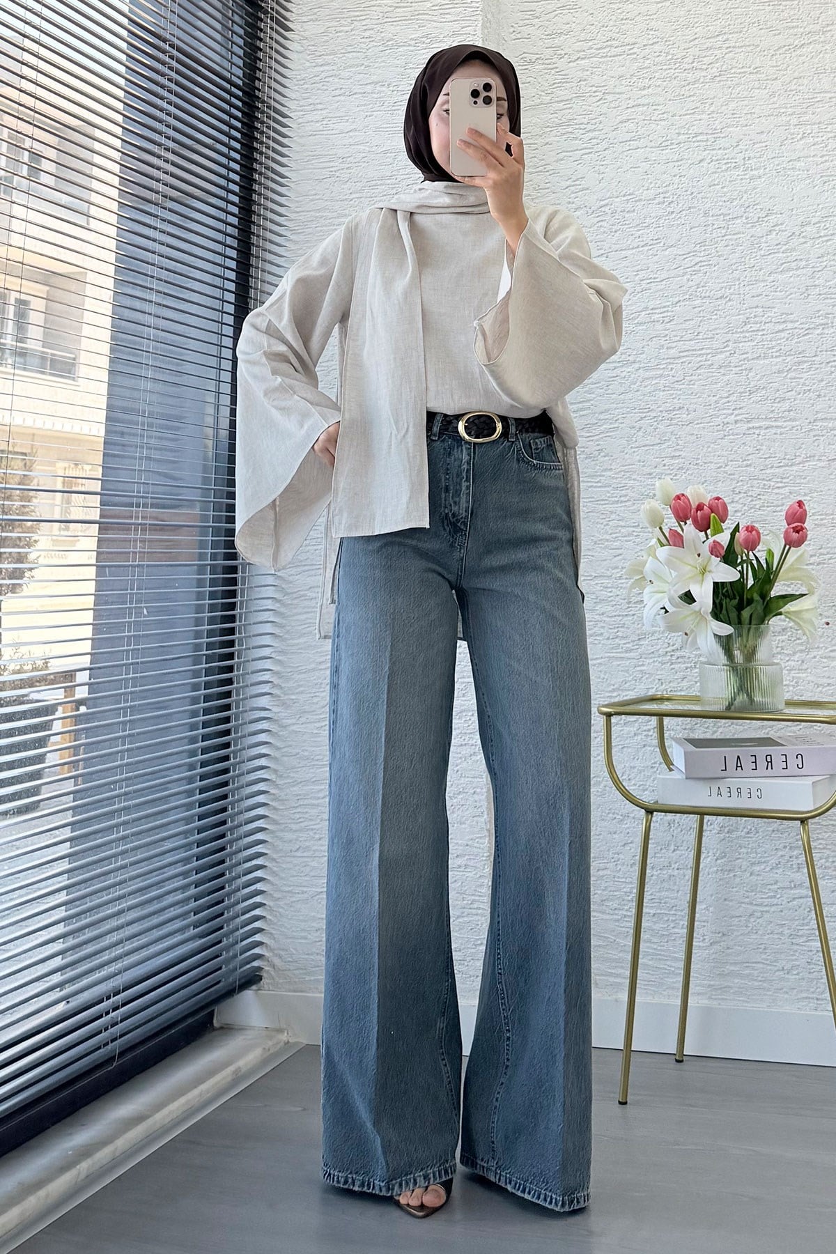 Premium Taşlanmış Palazzo Jean Pantolon - Gri