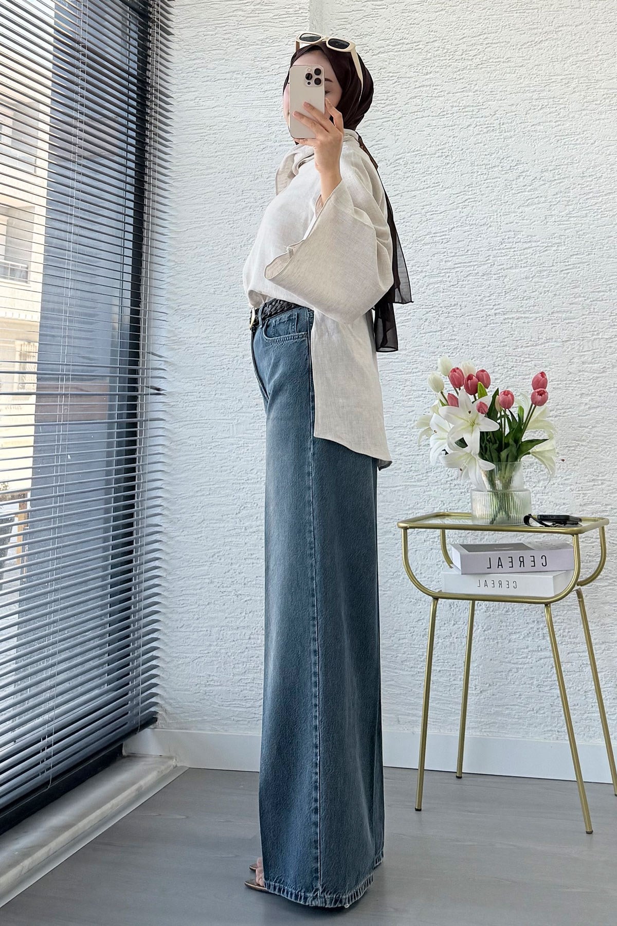 Premium Taşlanmış Palazzo Jean Pantolon - Yeşil