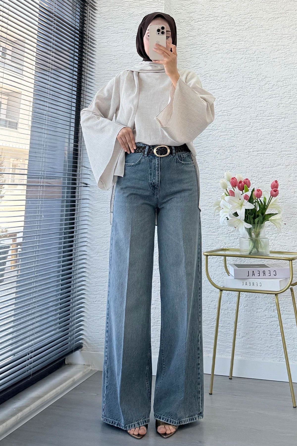 Premium Taşlanmış Palazzo Jean Pantolon - Gri