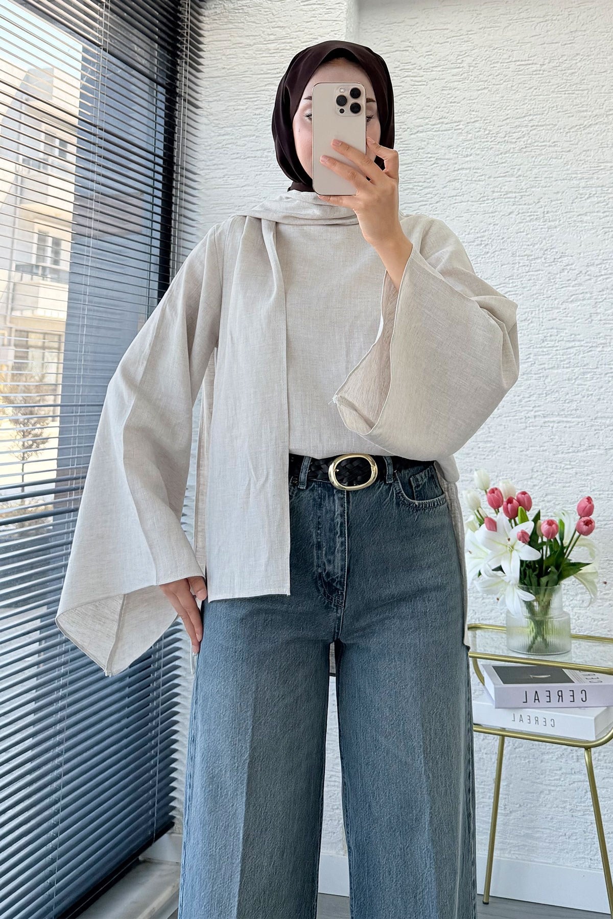 Premium Taşlanmış Palazzo Jean Pantolon - Gri