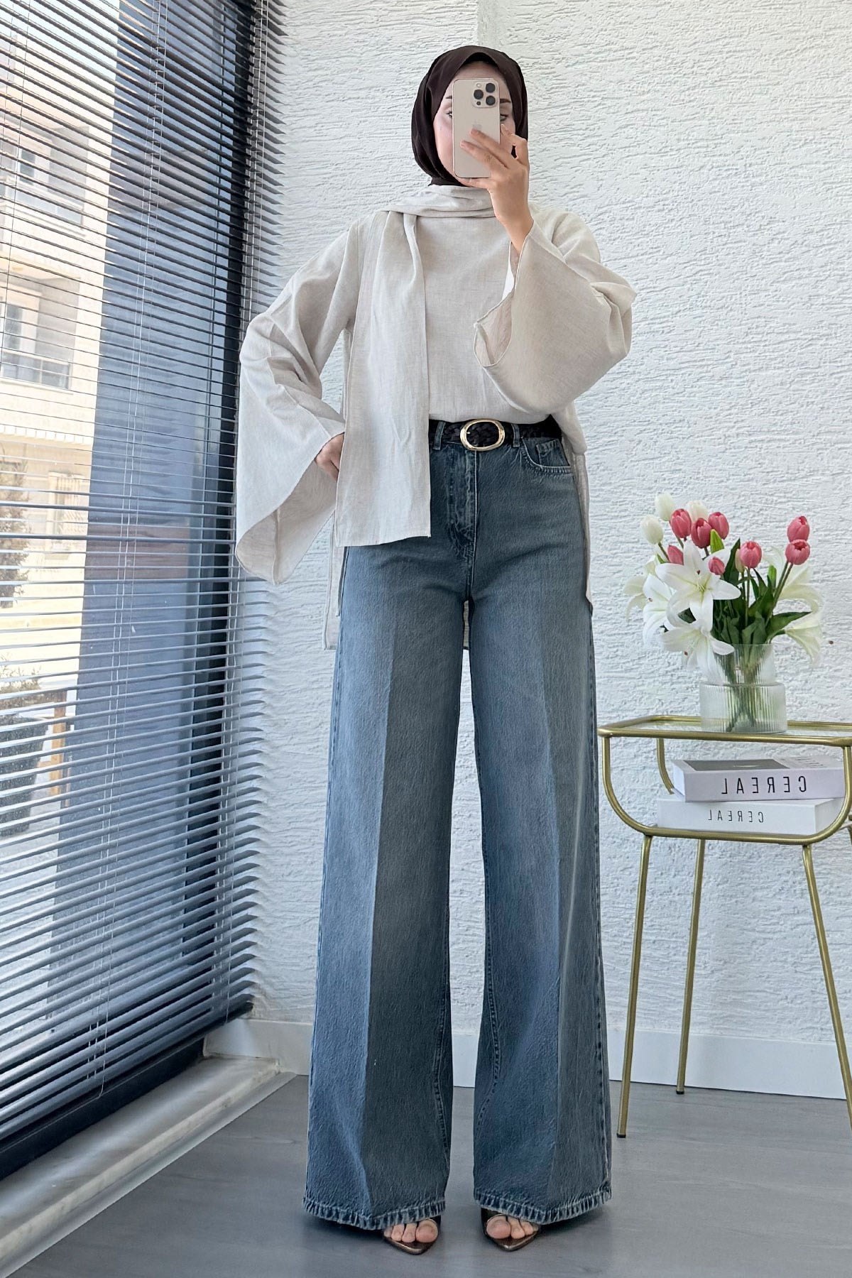 Premium Taşlanmış Palazzo Jean Pantolon - Gri