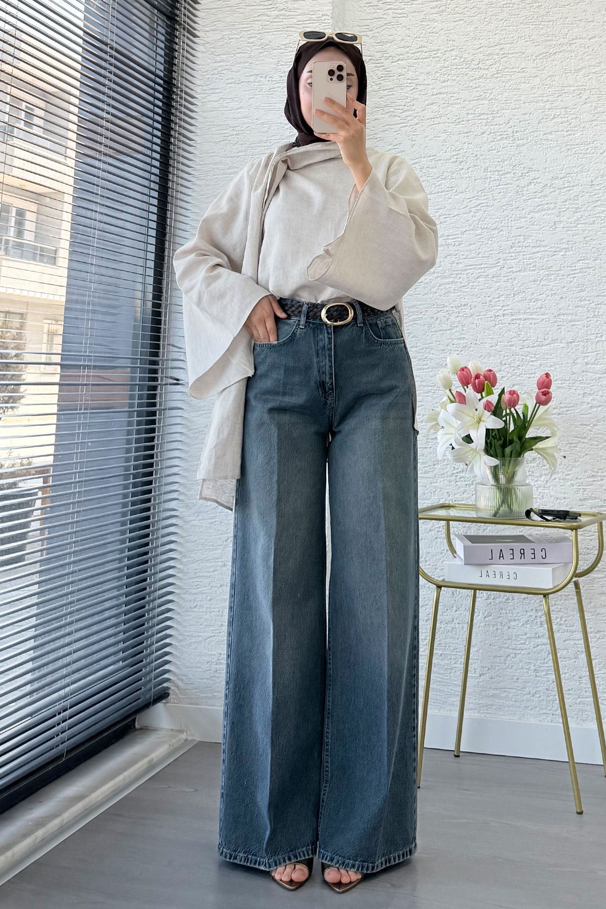 Premium Taşlanmış Palazzo Jean Pantolon - Yeşil