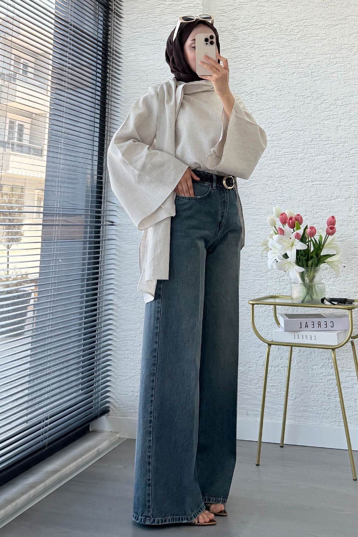 Premium Taşlanmış Palazzo Jean Pantolon - Yeşil