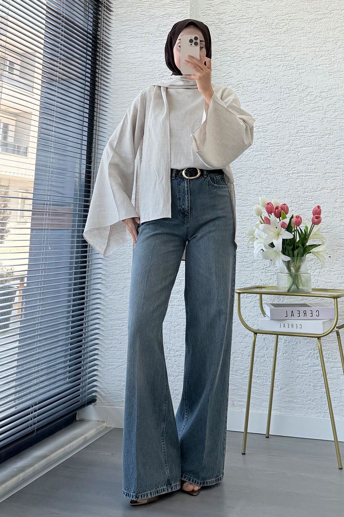 Premium Taşlanmış Palazzo Jean Pantolon - Gri