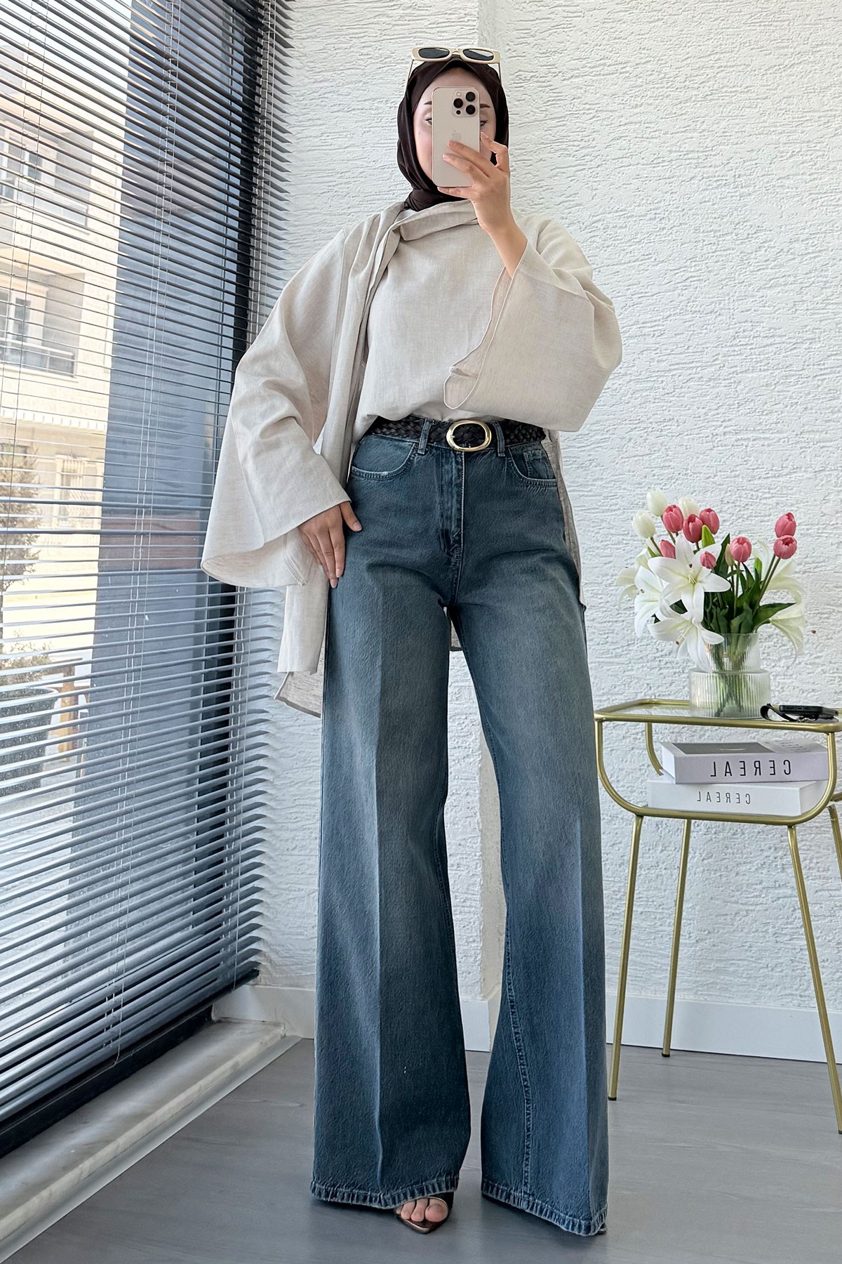 Premium Taşlanmış Palazzo Jean Pantolon - Yeşil