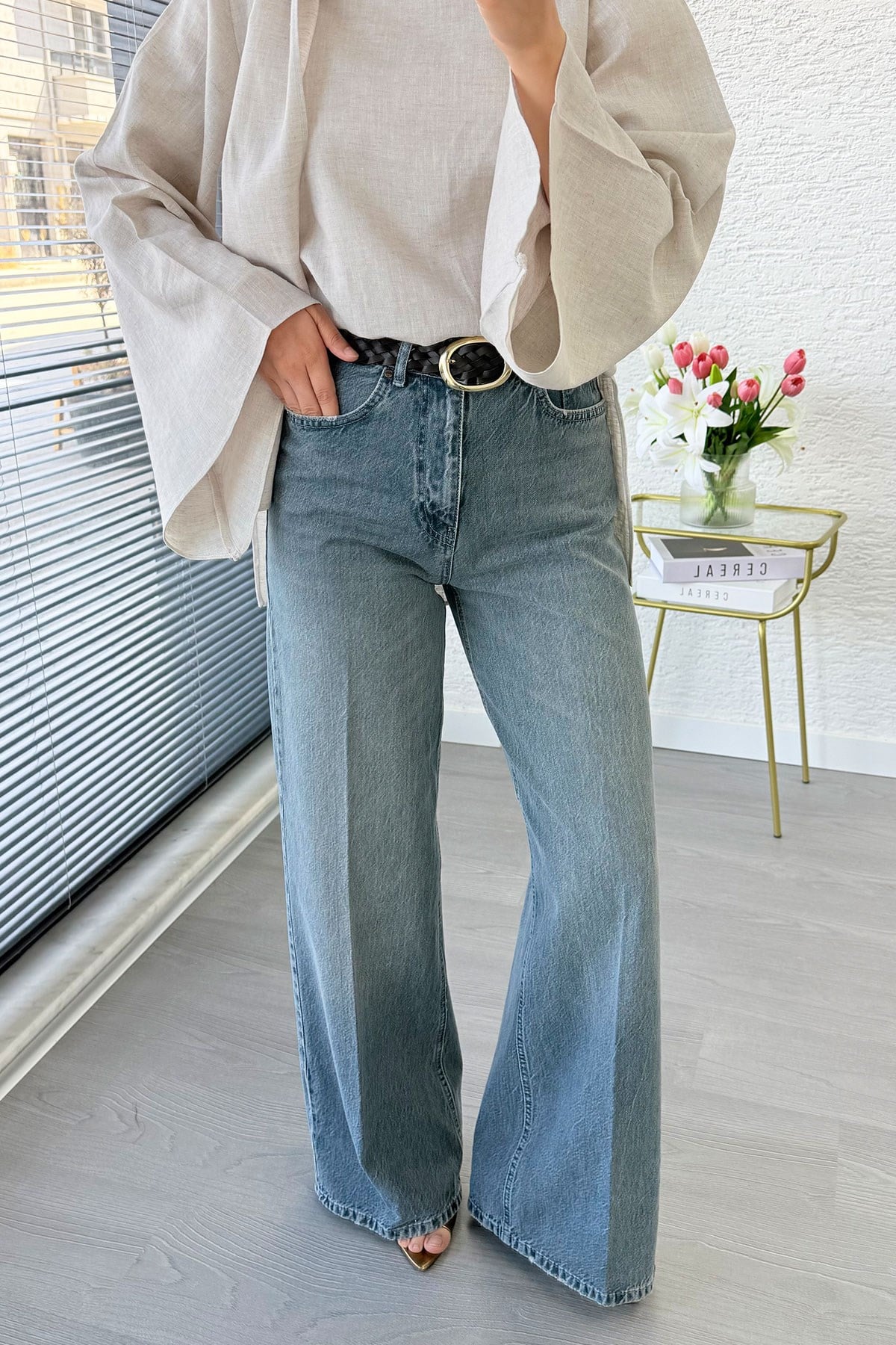Premium Taşlanmış Palazzo Jean Pantolon - Gri