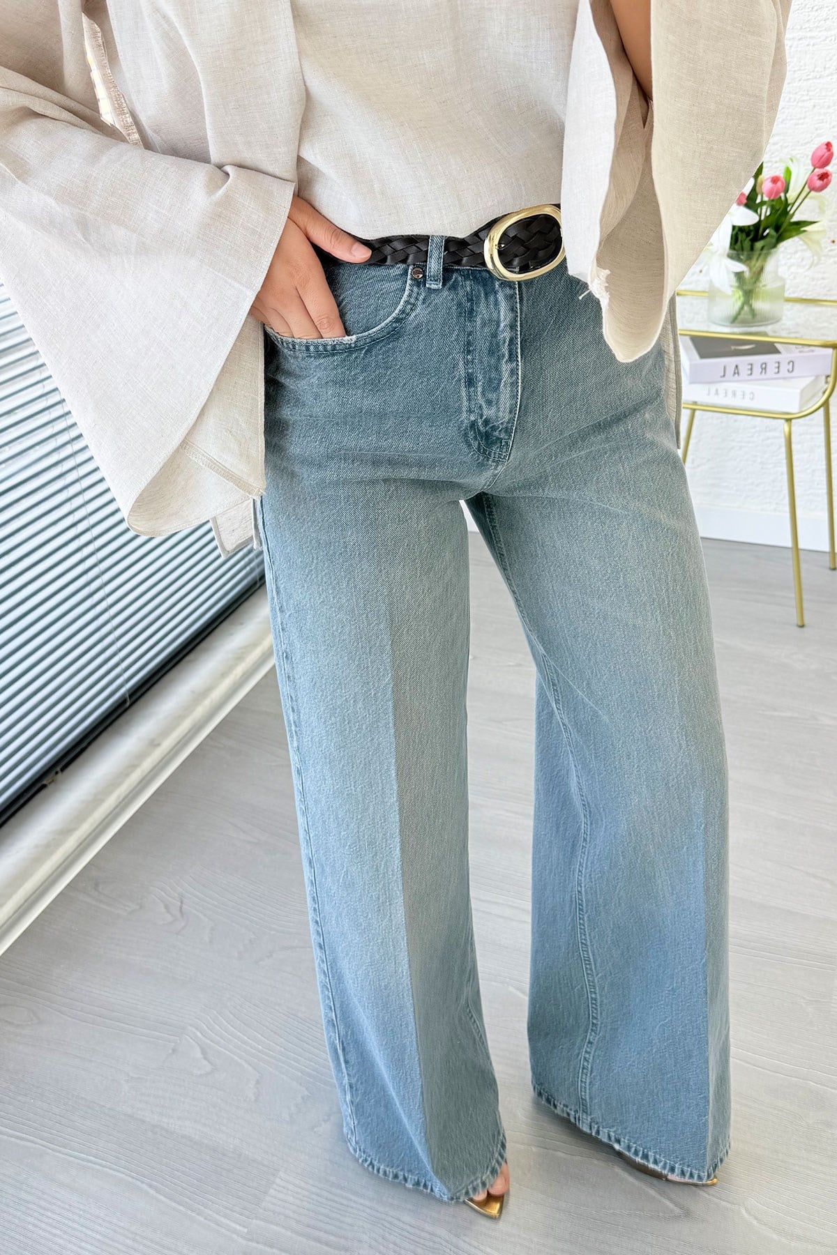 Premium Taşlanmış Palazzo Jean Pantolon - Gri
