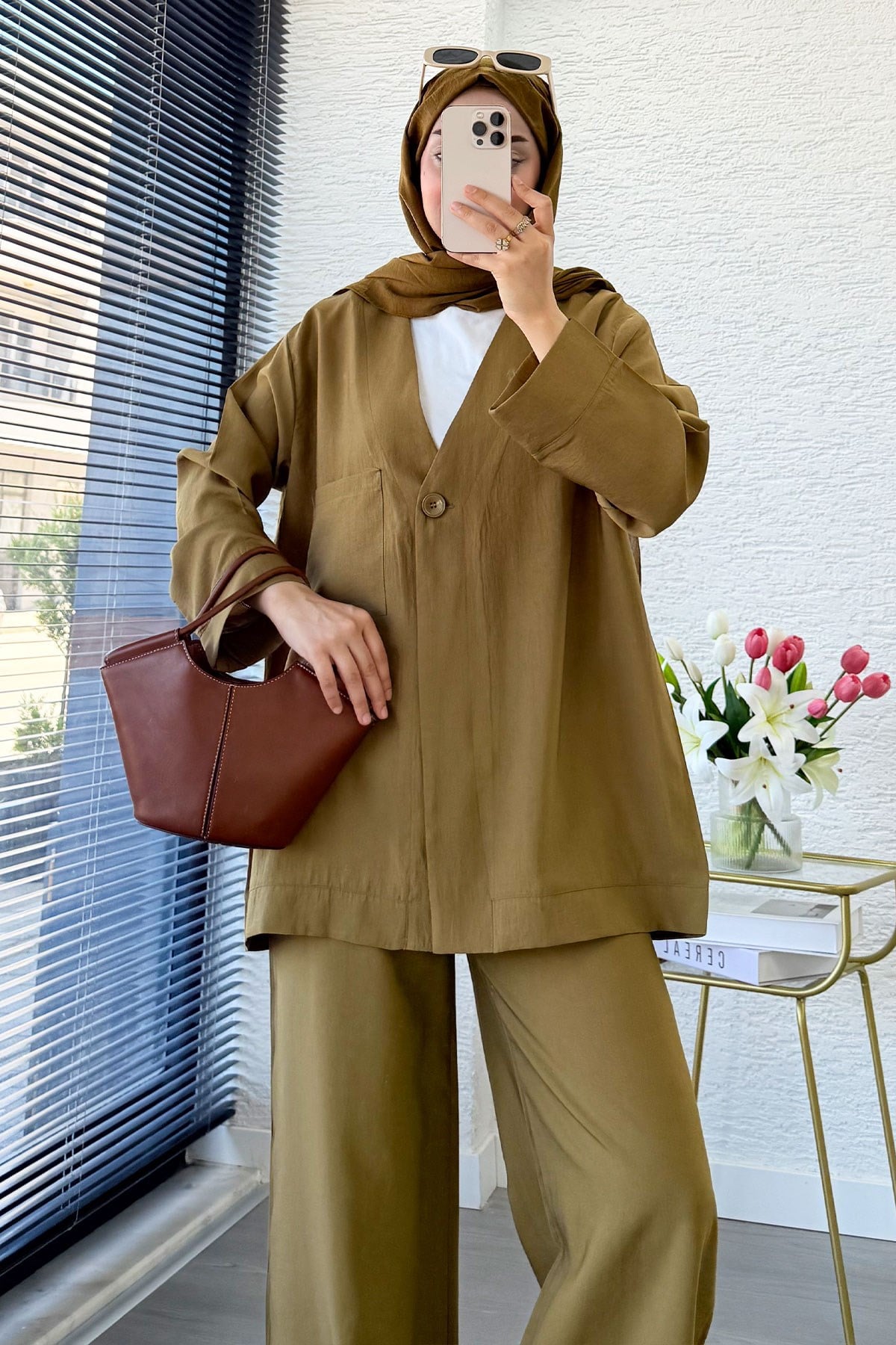 Premium Tek Düğmeli Modal Pantolon Takım - Yağ Yeşili