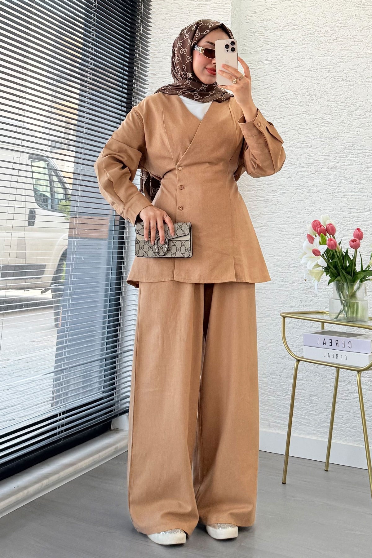 Premıum V Yaka Yandan Düğmeli Keten Pantolon Takım - Camel
