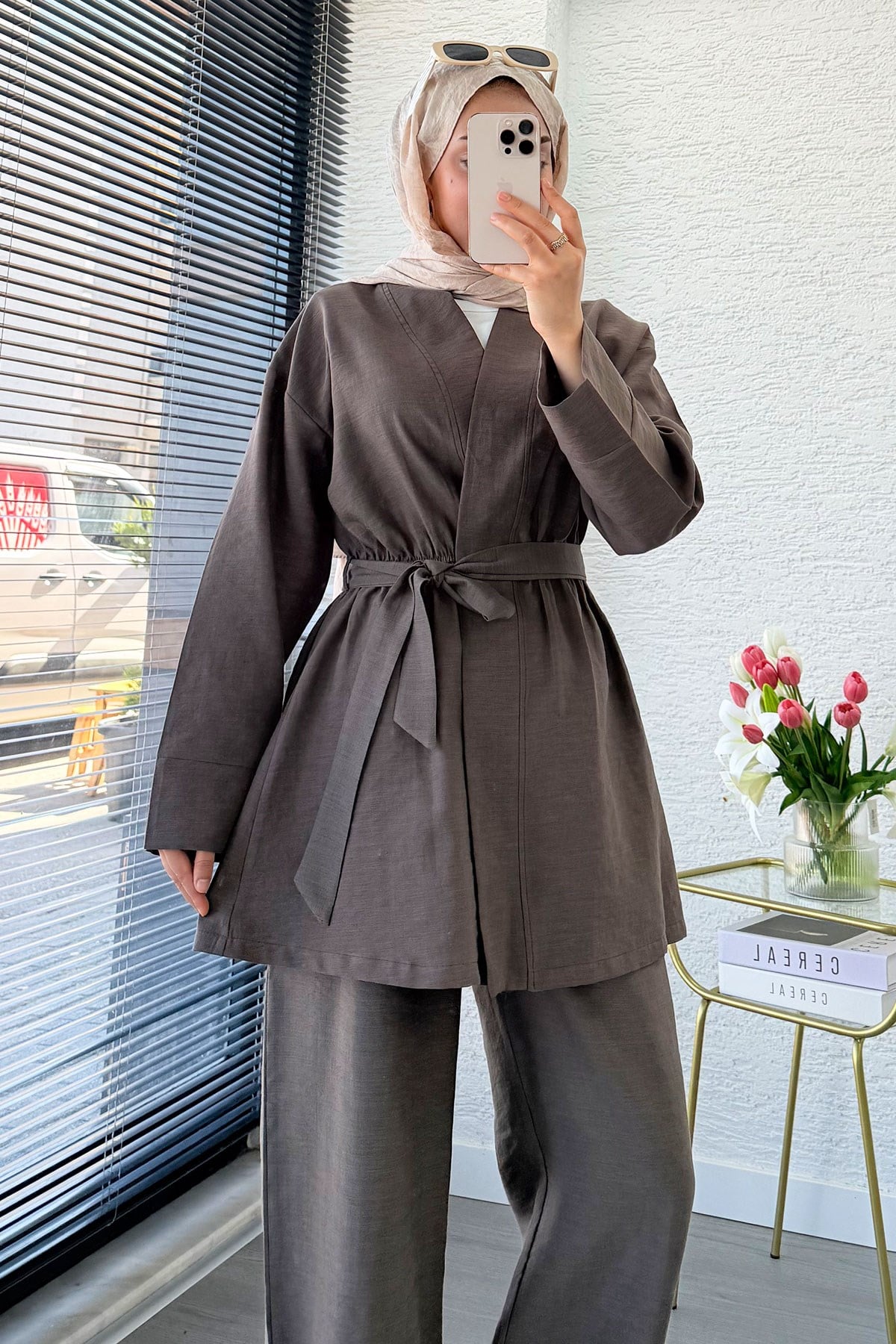 Premium Vessa Kuşak Detaylı Keten Pantolon Takım - Kahverengi