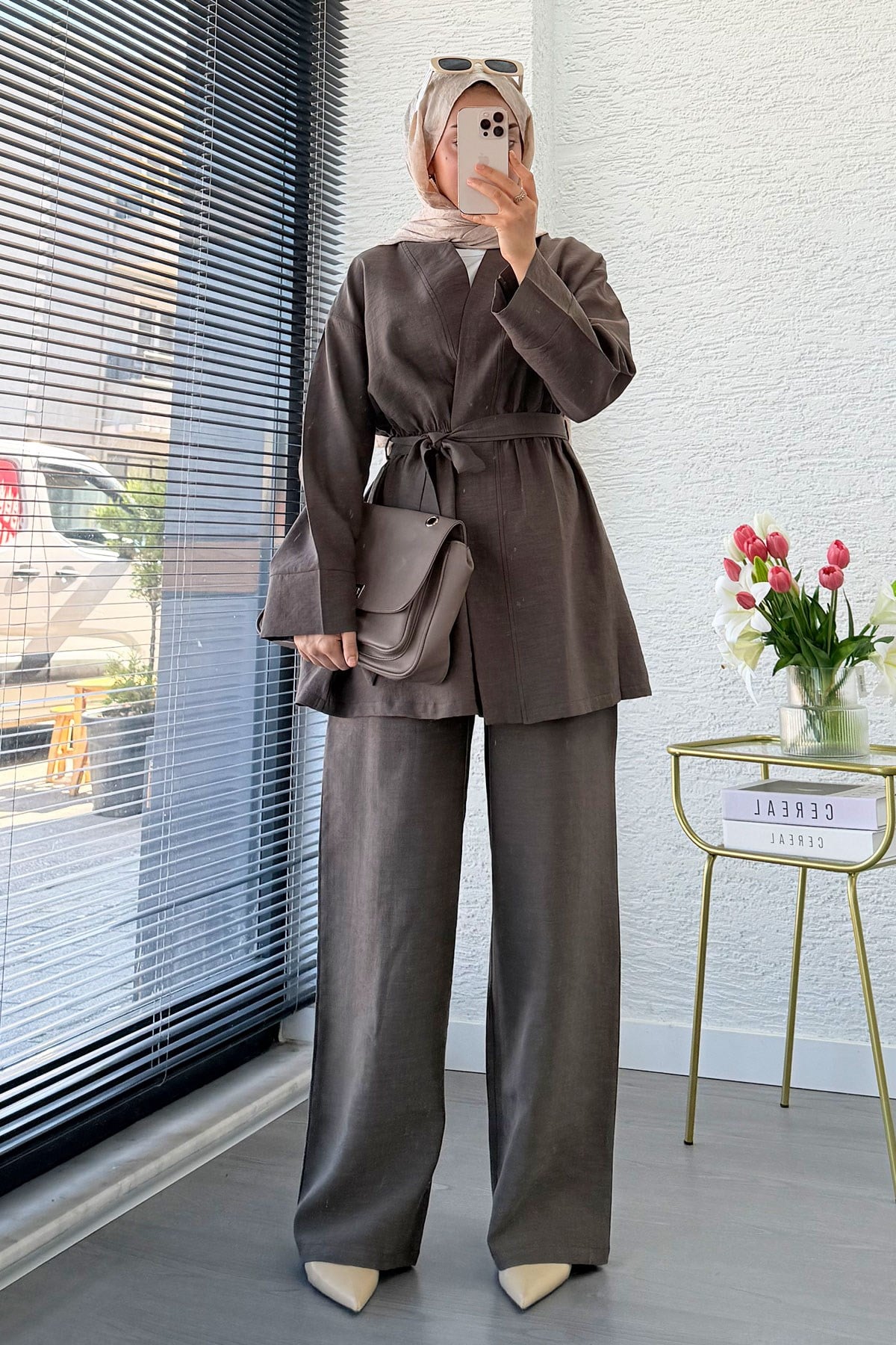 Premium Vessa Kuşak Detaylı Keten Pantolon Takım - Kahverengi