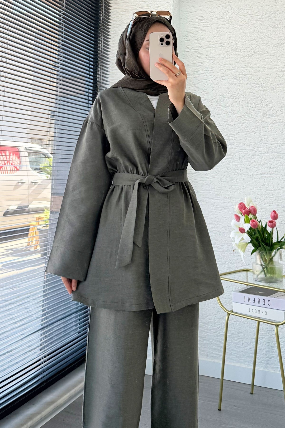 Premium Vessa Kuşak Detaylı Keten Pantolon Takım - Haki