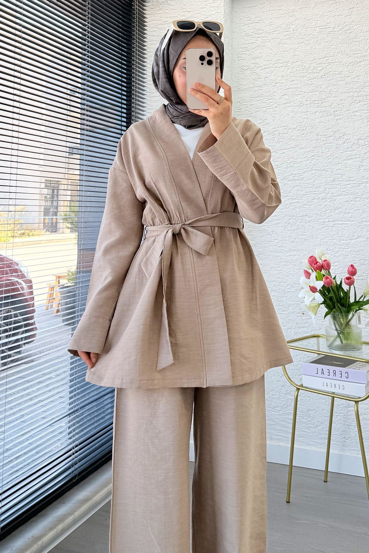 Premium Vessa Kuşak Detaylı Keten Pantolon Takım - Vizon