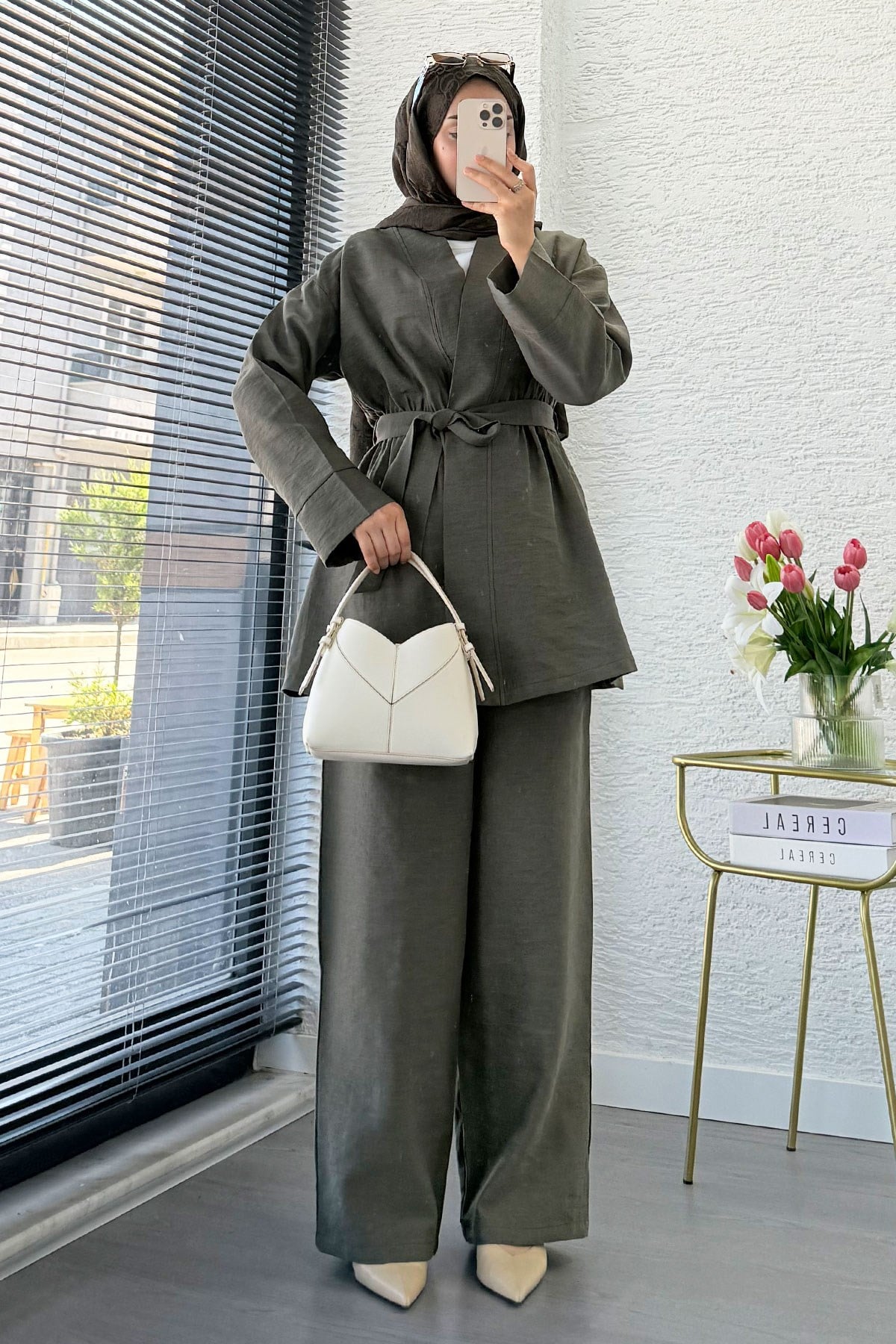 Premium Vessa Kuşak Detaylı Keten Pantolon Takım - Haki