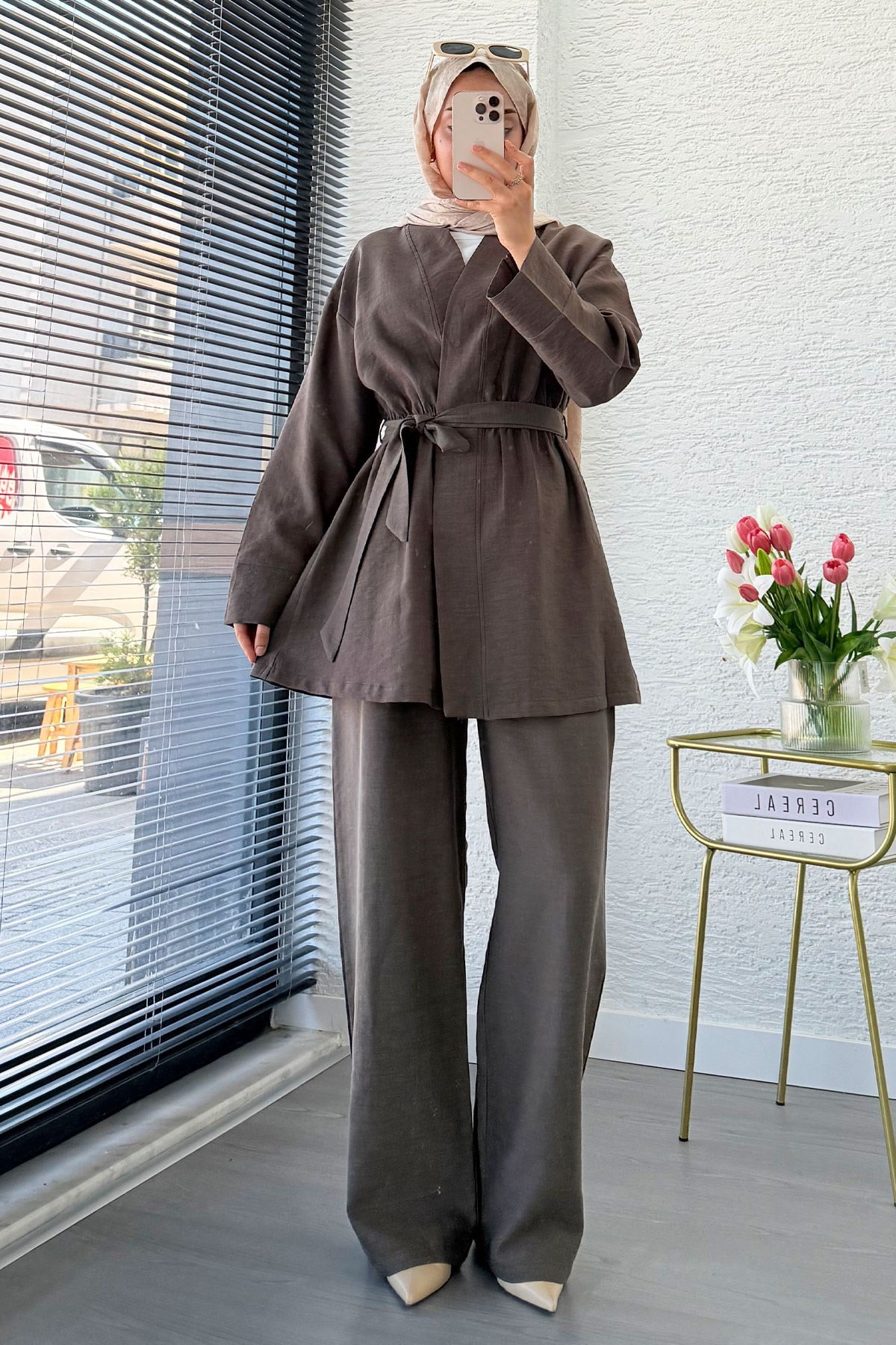 Premium Vessa Kuşak Detaylı Keten Pantolon Takım - Kahverengi