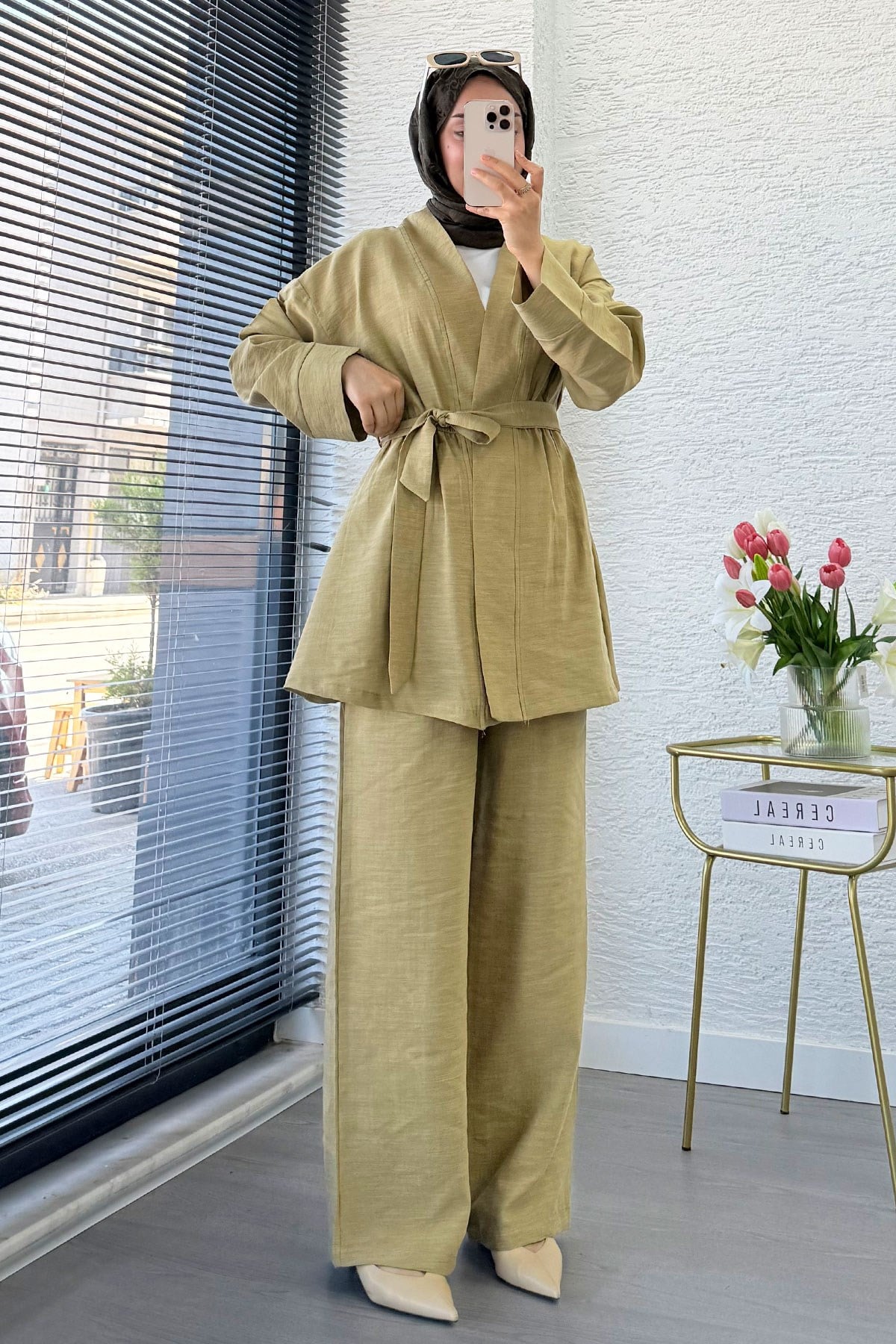 Premium Vessa Kuşak Detaylı Keten Pantolon Takım - Yağ Yeşili