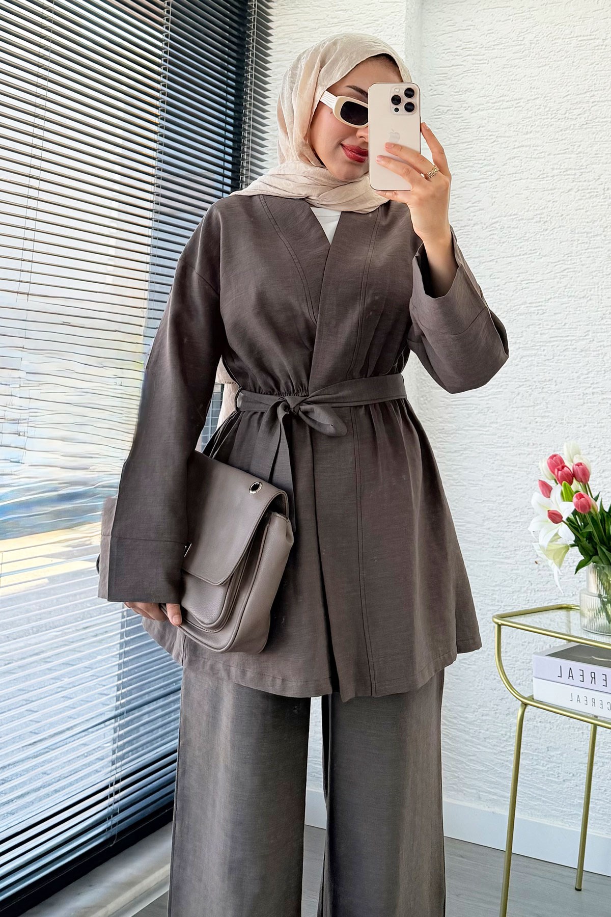 Premium Vessa Kuşak Detaylı Keten Pantolon Takım - Kahverengi