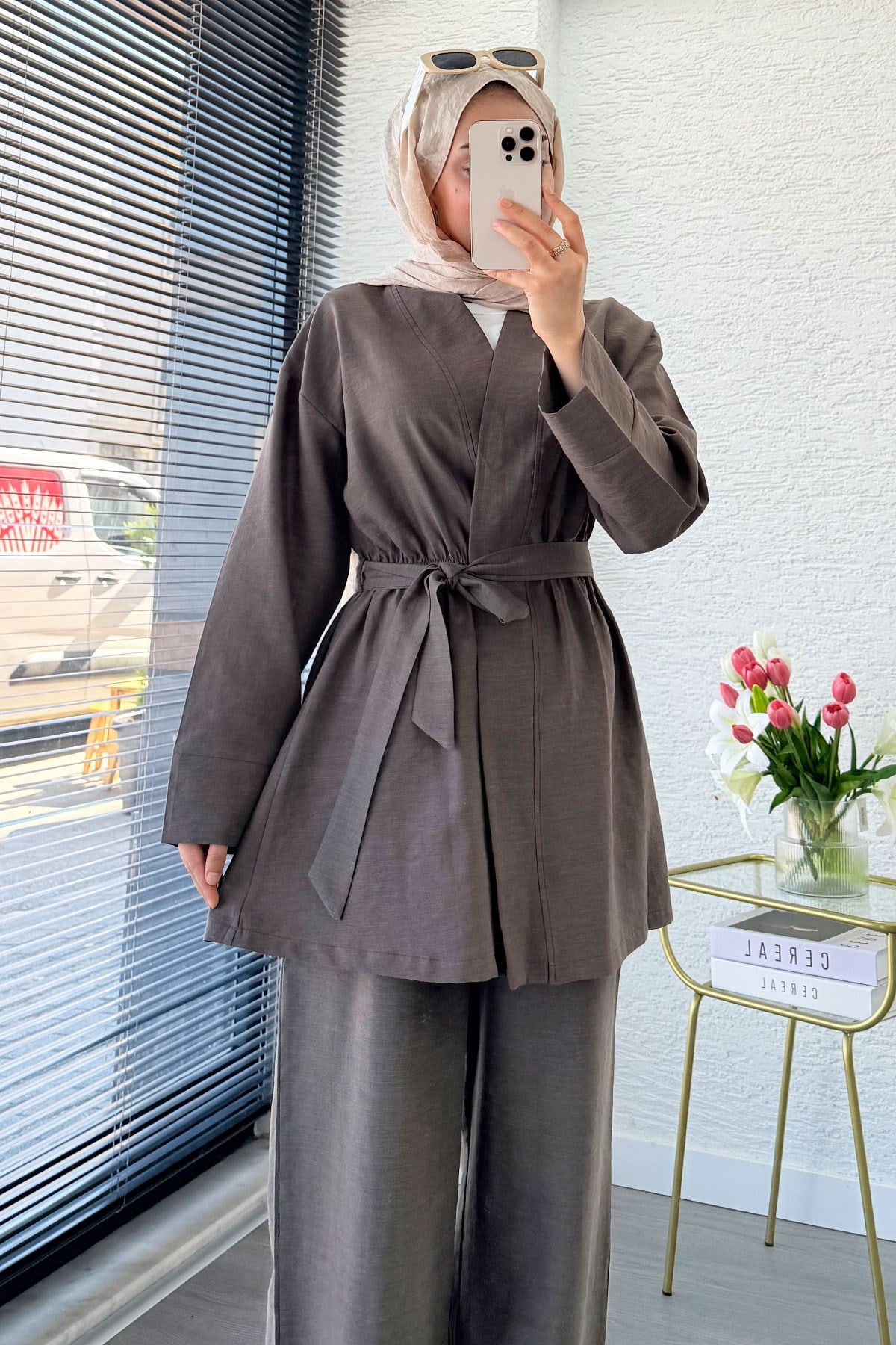 Premium Vessa Kuşak Detaylı Keten Pantolon Takım - Kahverengi
