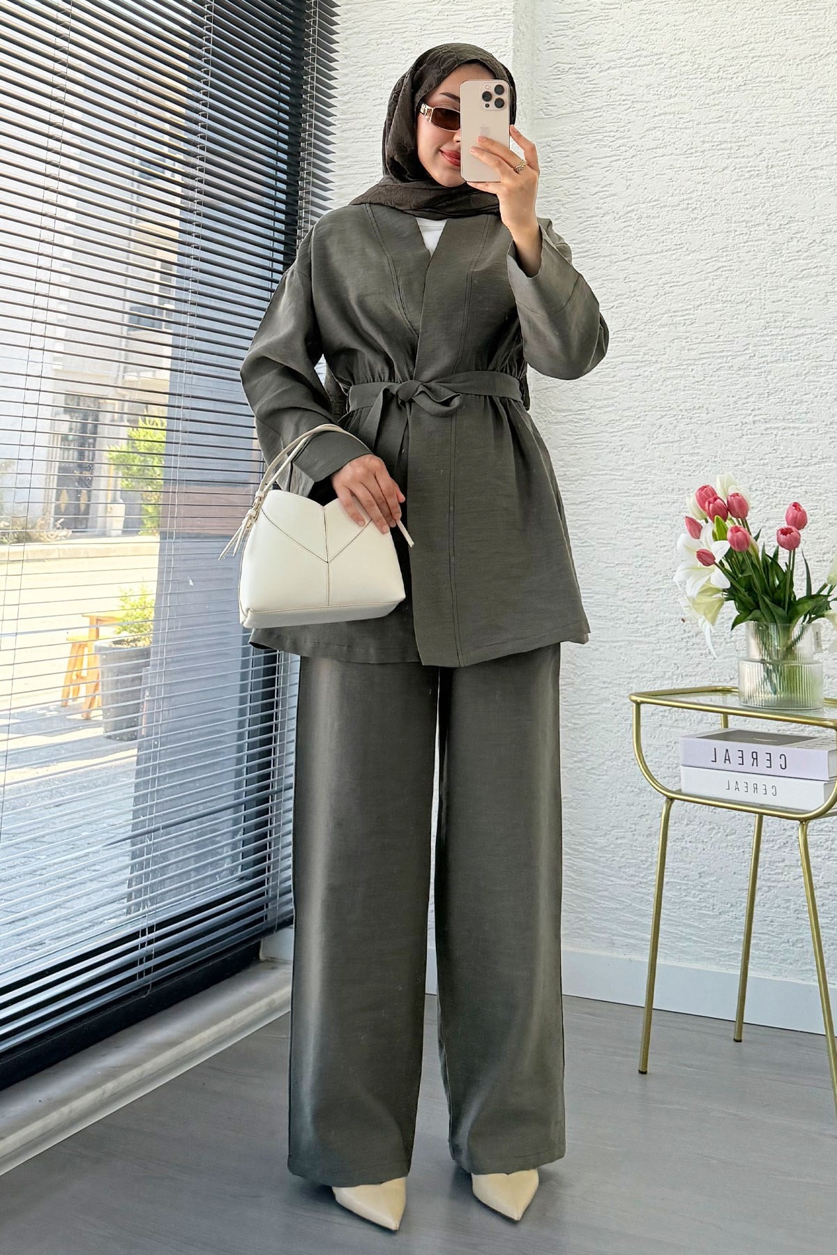 Premium Vessa Kuşak Detaylı Keten Pantolon Takım - Haki