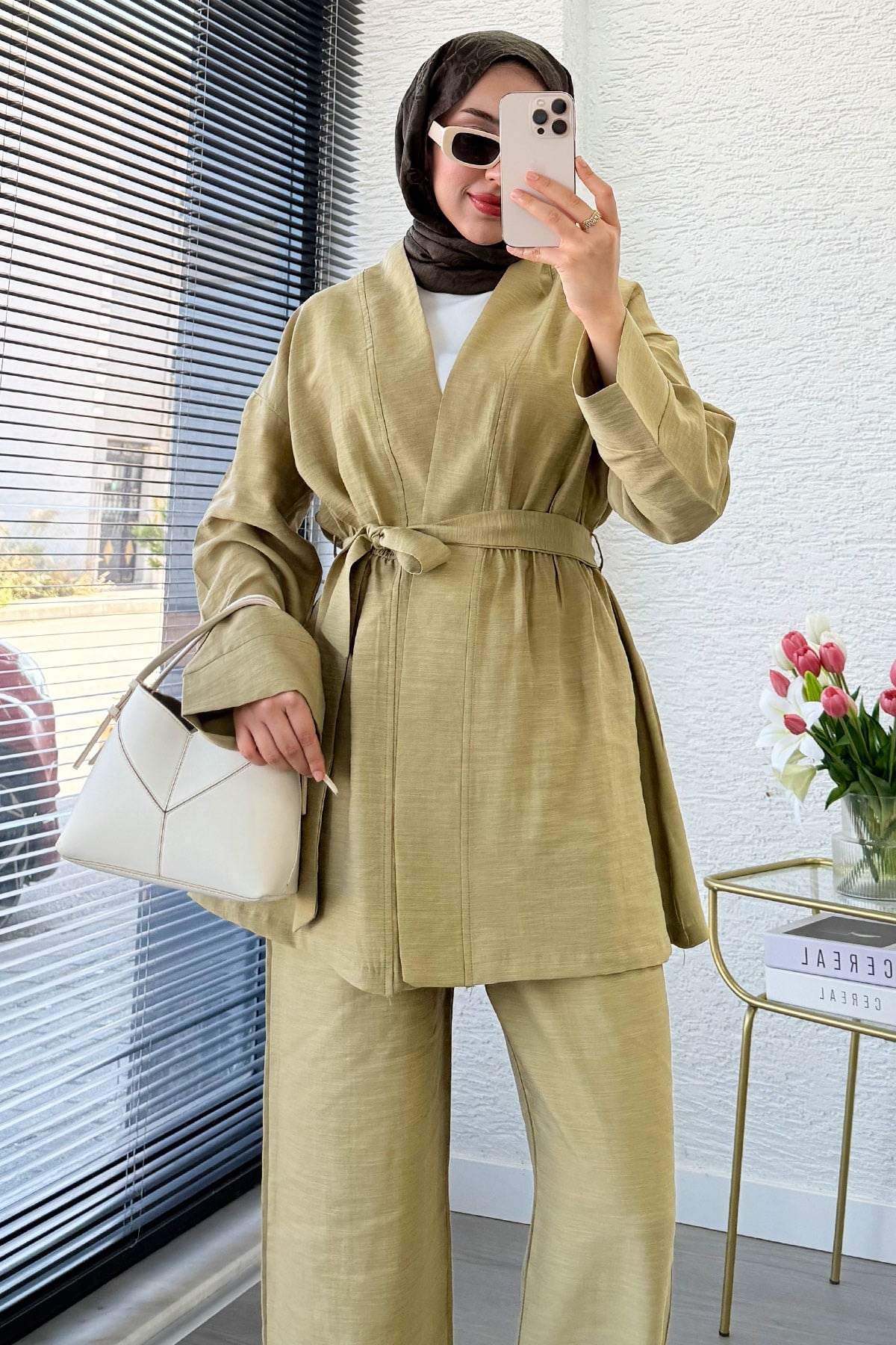 Premium Vessa Kuşak Detaylı Keten Pantolon Takım - Yağ Yeşili
