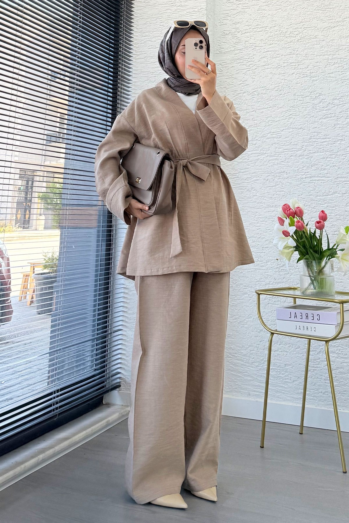 Premium Vessa Kuşak Detaylı Keten Pantolon Takım - Vizon