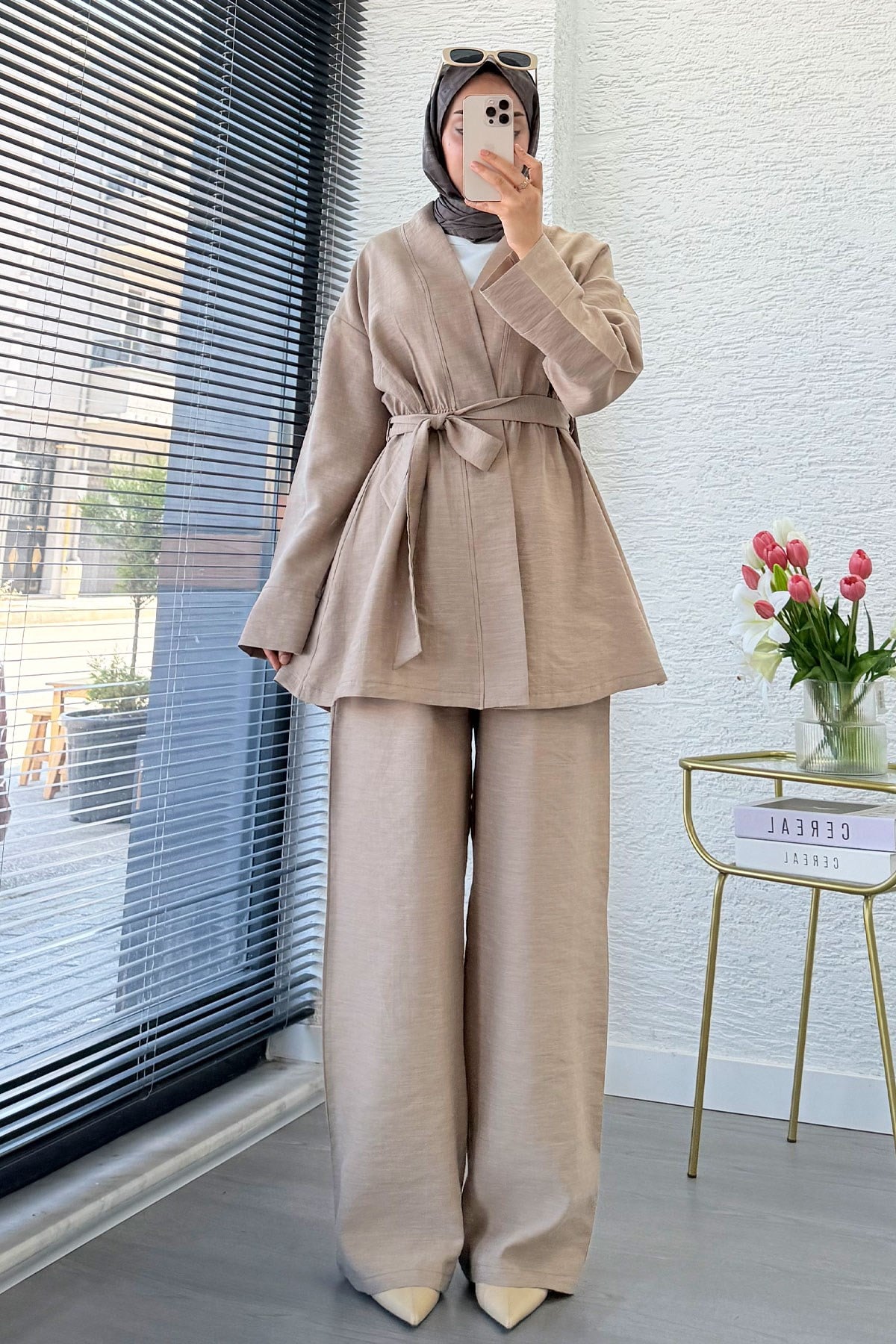 Premium Vessa Kuşak Detaylı Keten Pantolon Takım - Vizon