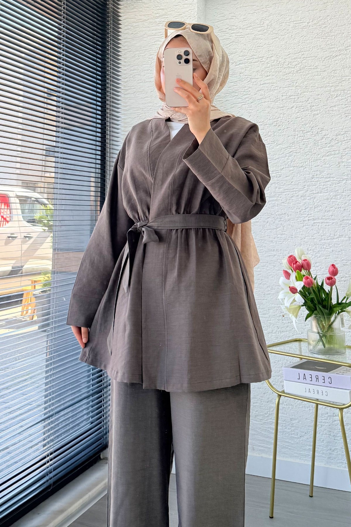 Premium Vessa Kuşak Detaylı Keten Pantolon Takım - Kahverengi