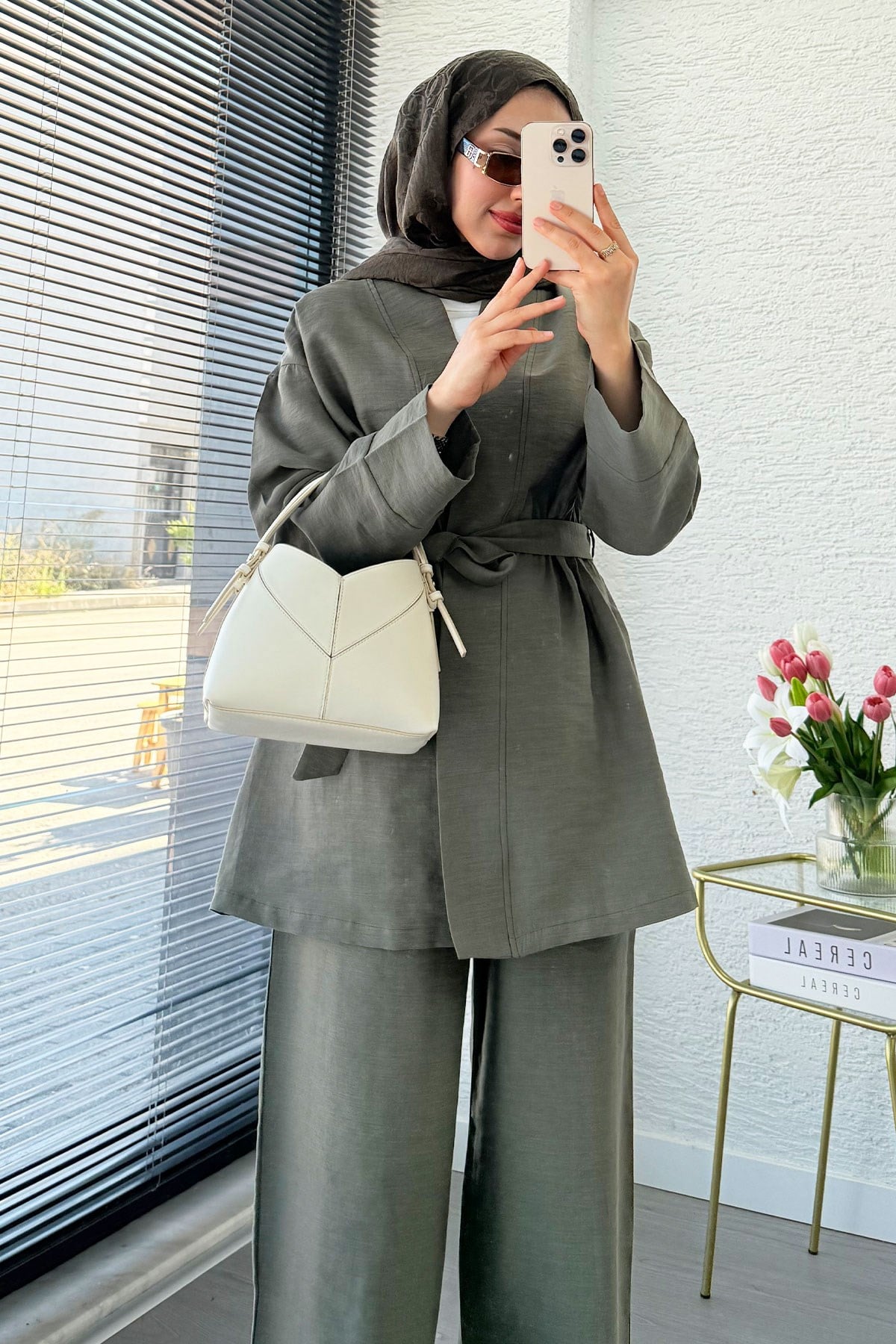 Premium Vessa Kuşak Detaylı Keten Pantolon Takım - Haki