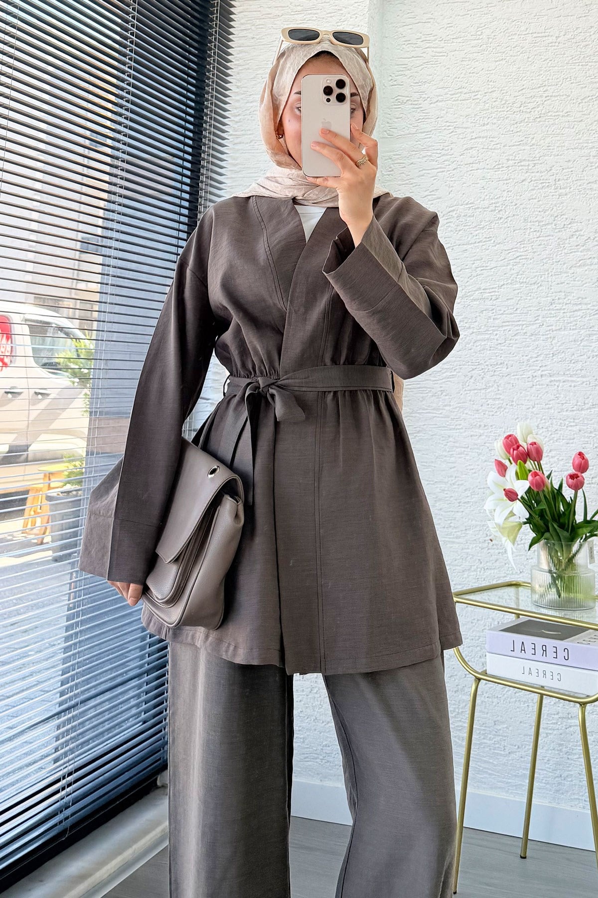 Premium Vessa Kuşak Detaylı Keten Pantolon Takım - Kahverengi