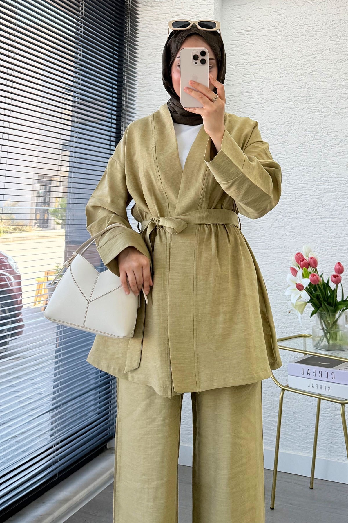 Premium Vessa Kuşak Detaylı Keten Pantolon Takım - Yağ Yeşili
