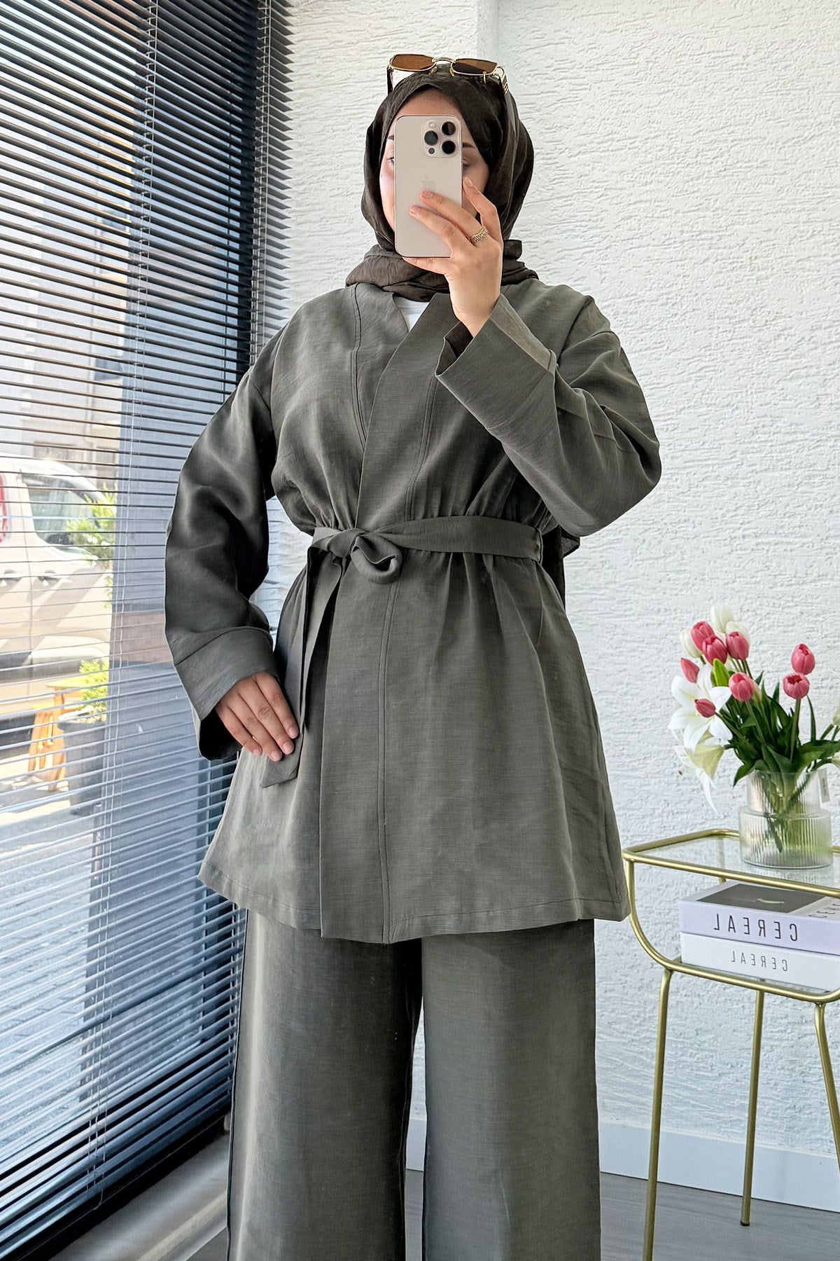 Premium Vessa Kuşak Detaylı Keten Pantolon Takım - Haki