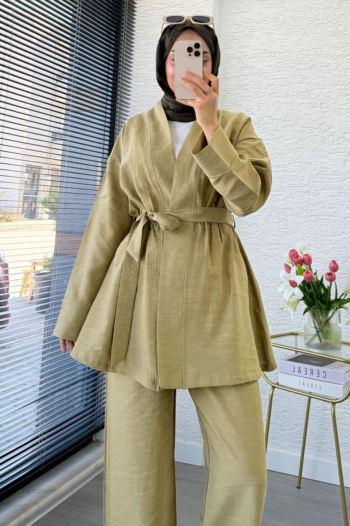 Premium Vessa Kuşak Detaylı Keten Pantolon Takım - Yağ Yeşili