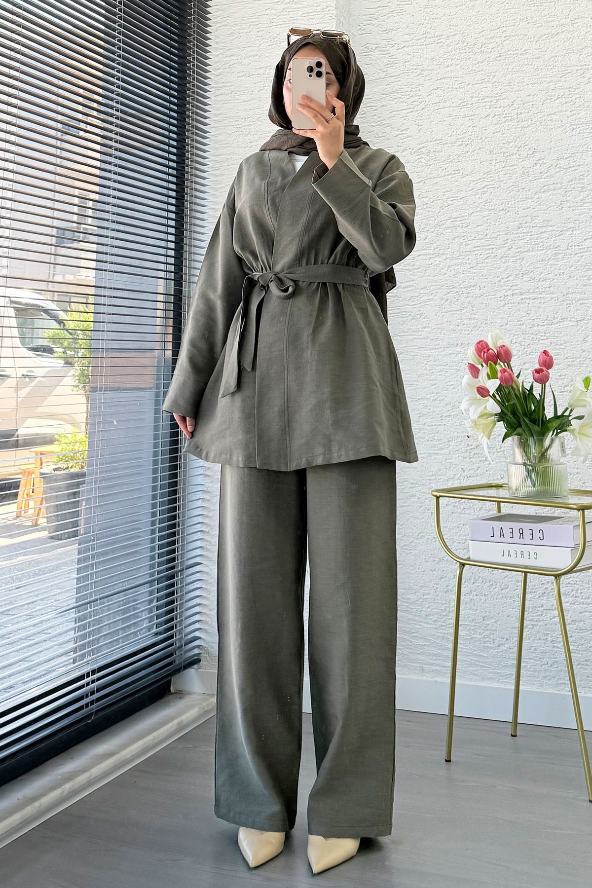 Premium Vessa Kuşak Detaylı Keten Pantolon Takım - Haki